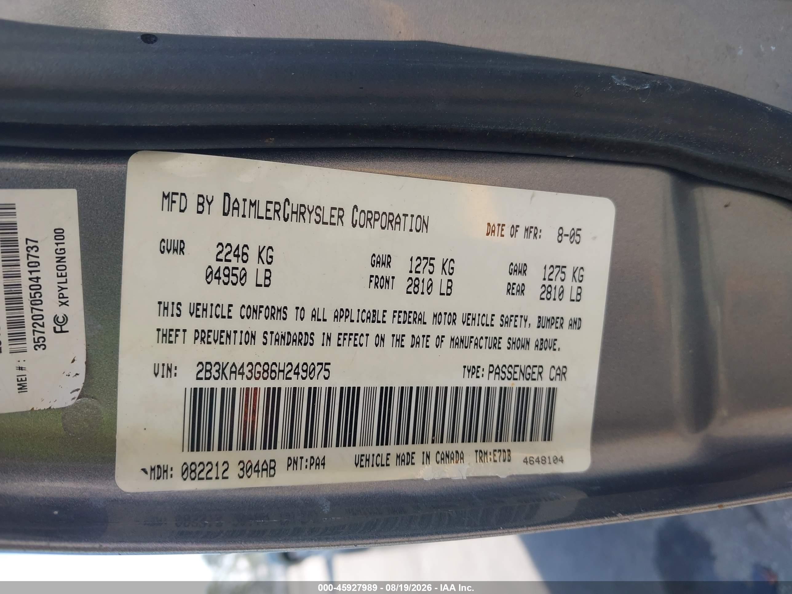 2006 Dodge Charger Gray vin: 2B3KA43G86H249075