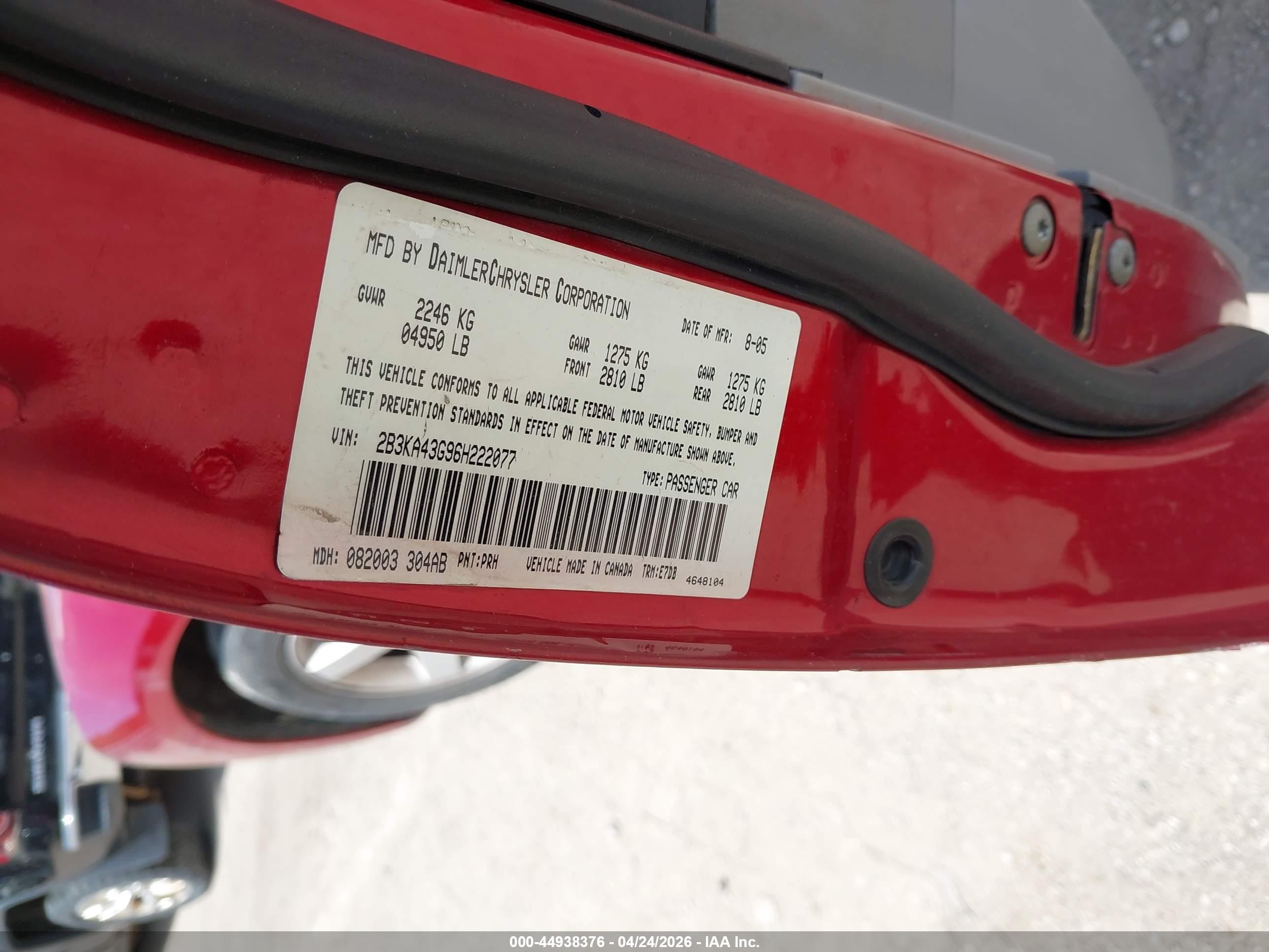 2006 Dodge Charger   Red vin: 2B3KA43G96H222077