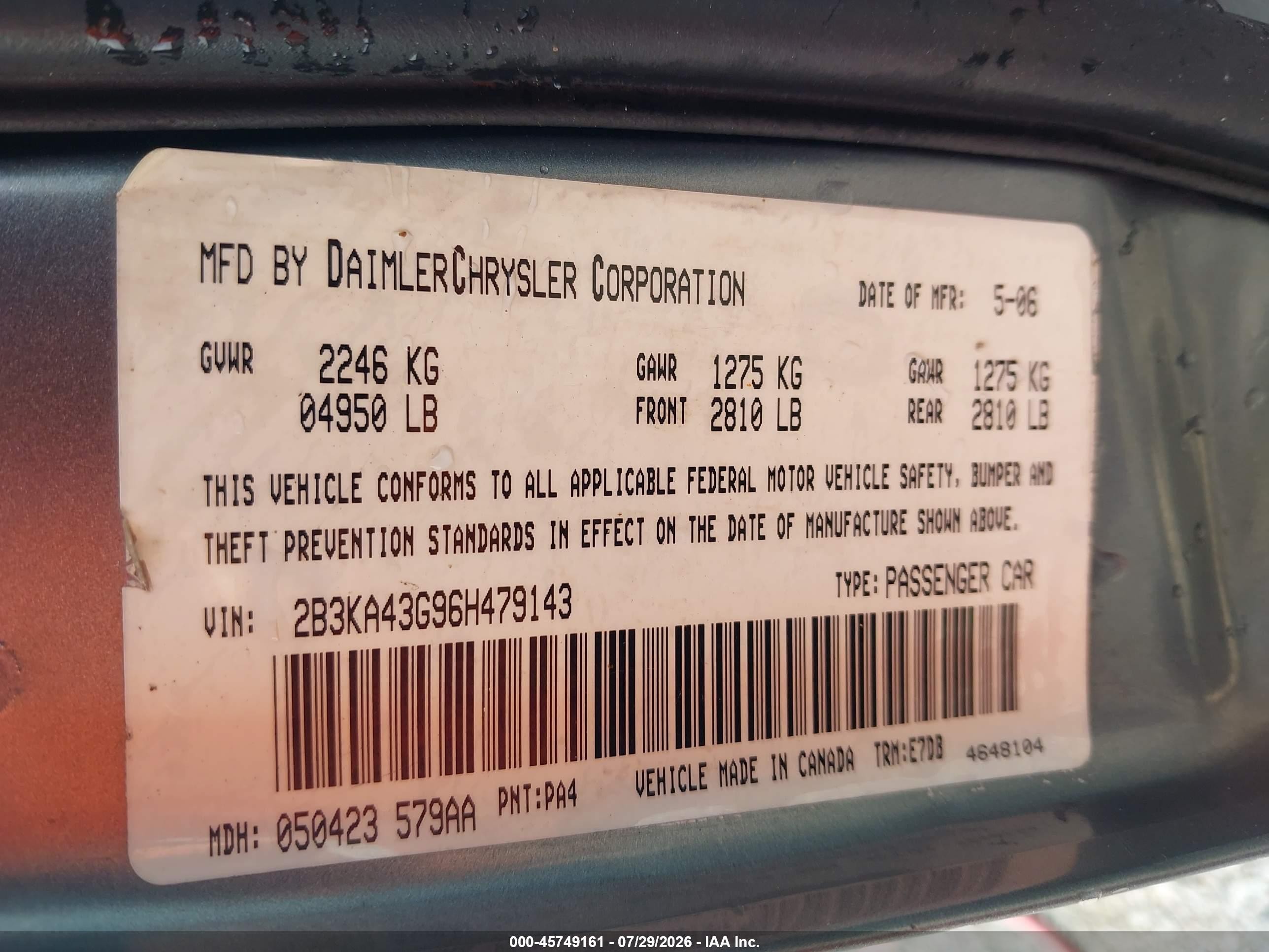 2006 Dodge Charger   Light Blue vin: 2B3KA43G96H479143