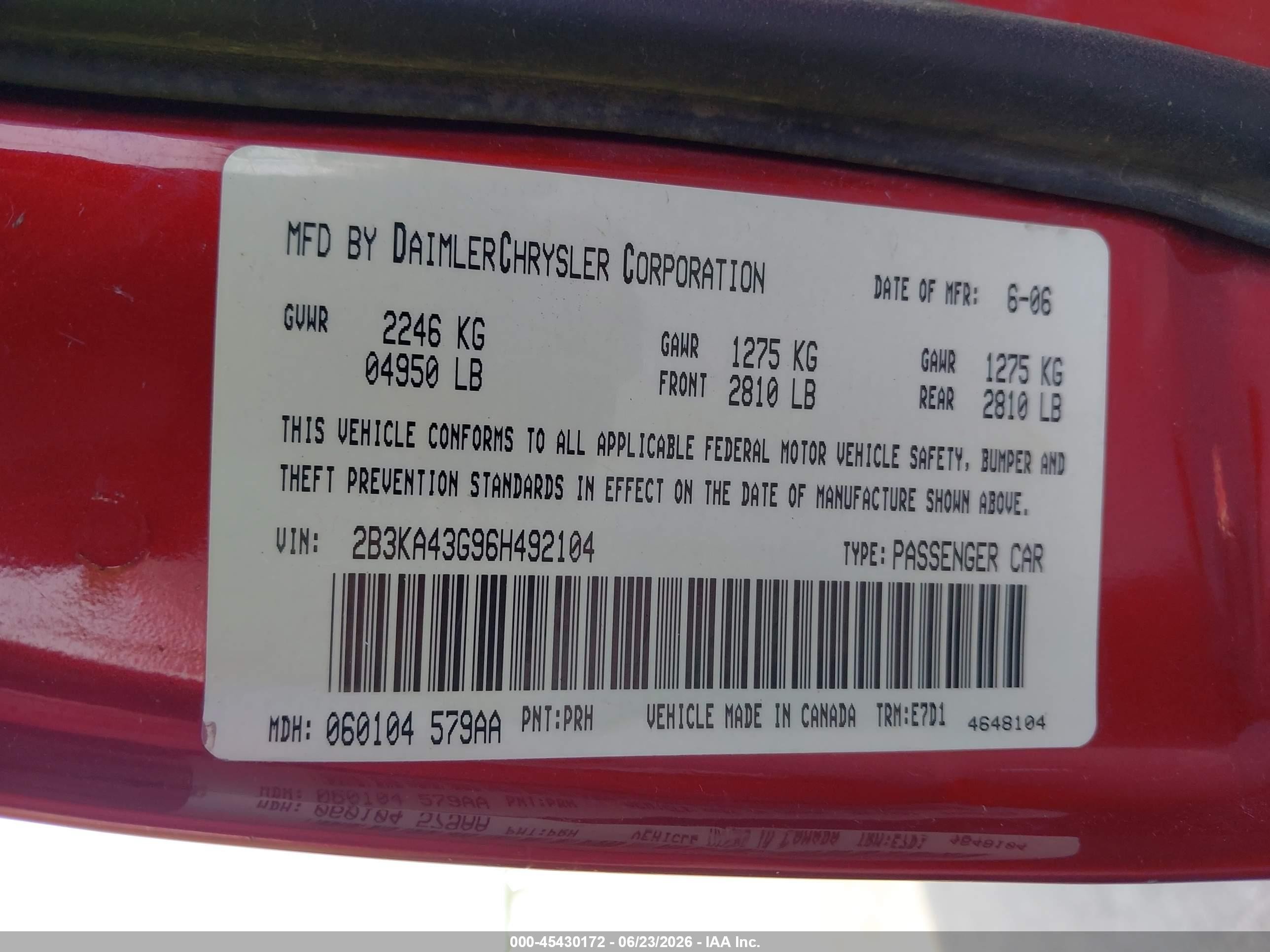 2006 Dodge Charger   Red vin: 2B3KA43G96H492104