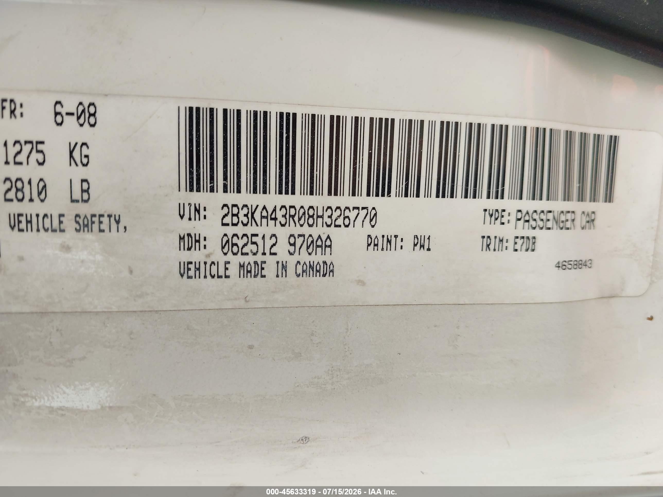 2008 Dodge Charger   White vin: 2B3KA43R08H326770