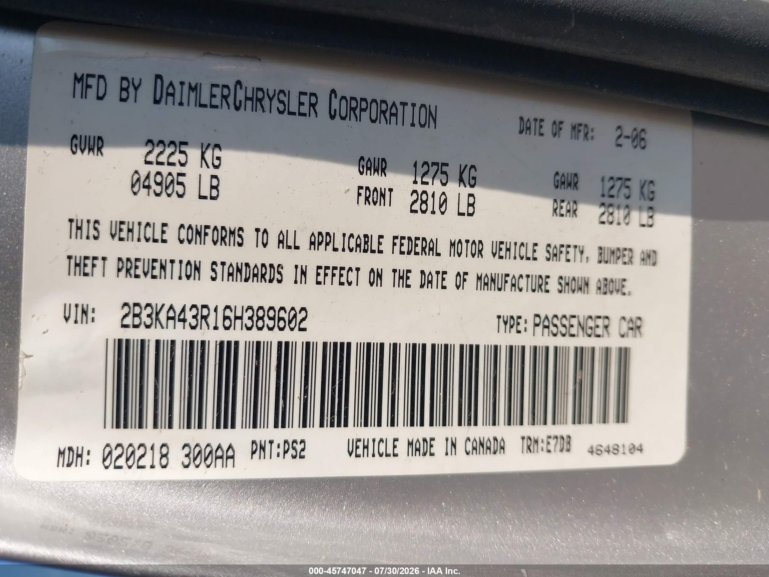 2006 Dodge Charger   Silver vin: 2B3KA43R16H389602