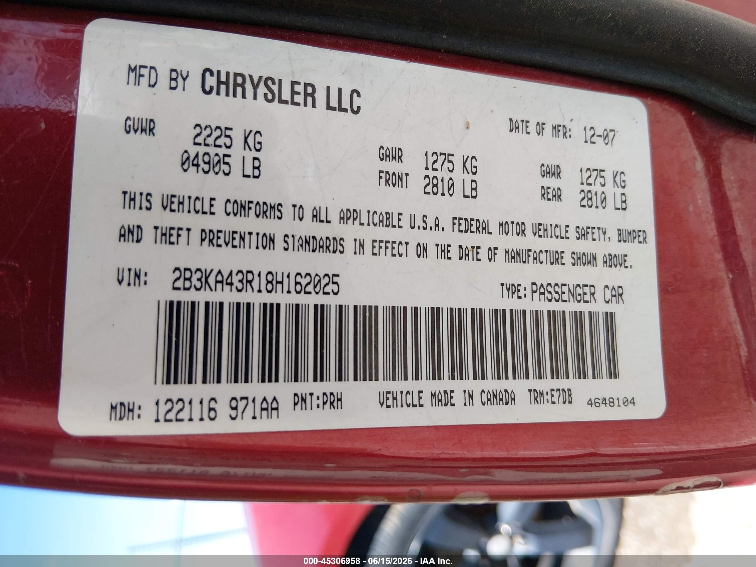 2008 Dodge Charger   Maroon vin: 2B3KA43R18H162025