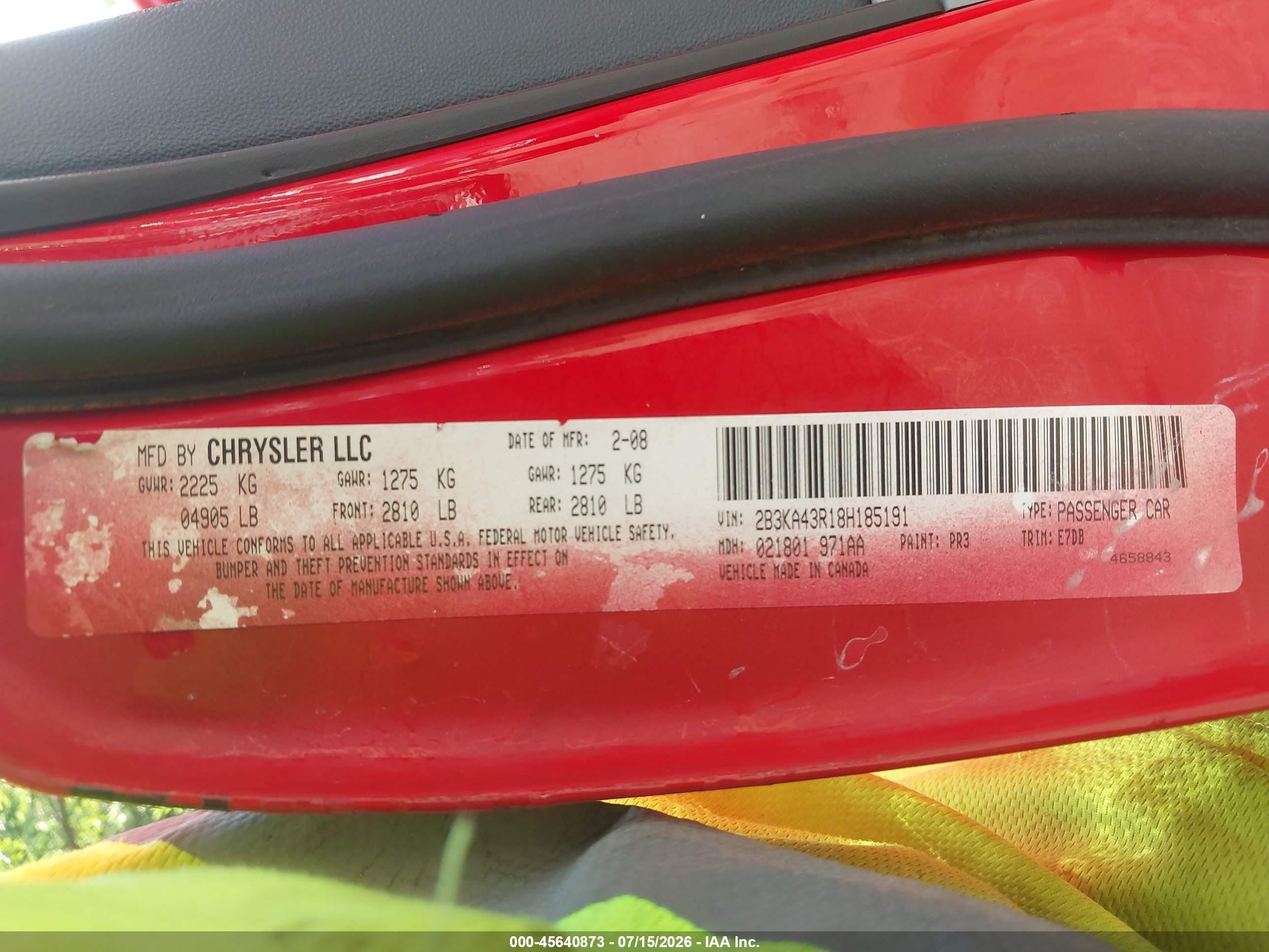 2008 Dodge Charger Красный vin: 2B3KA43R18H185191