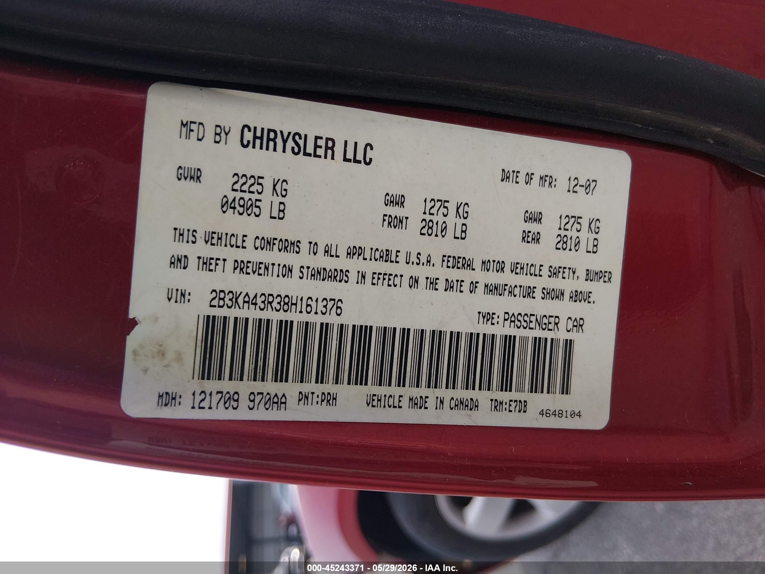 2008 Dodge Charger   Бордовый vin: 2B3KA43R38H161376