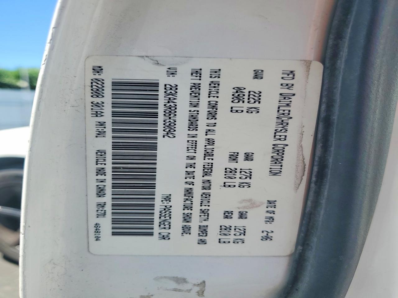 2006 Dodge Charger Se/sxt White vin: 2B3KA43R86H390942