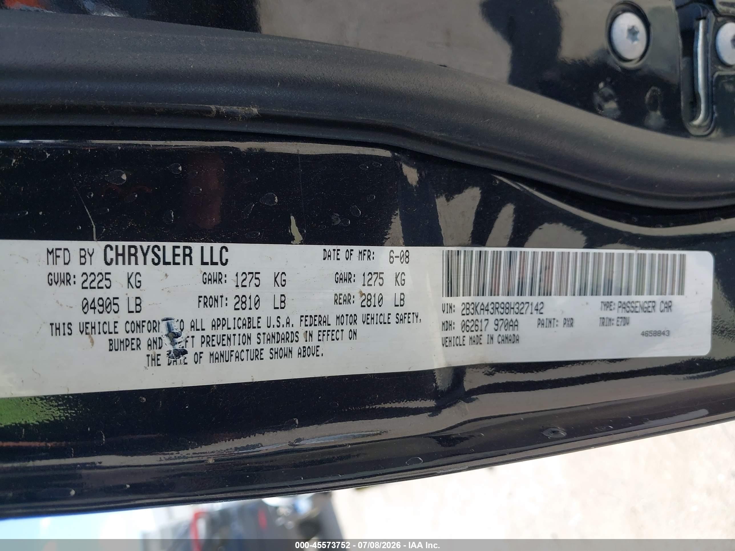 2008 Dodge Charger   vin: 2B3KA43R98H327142