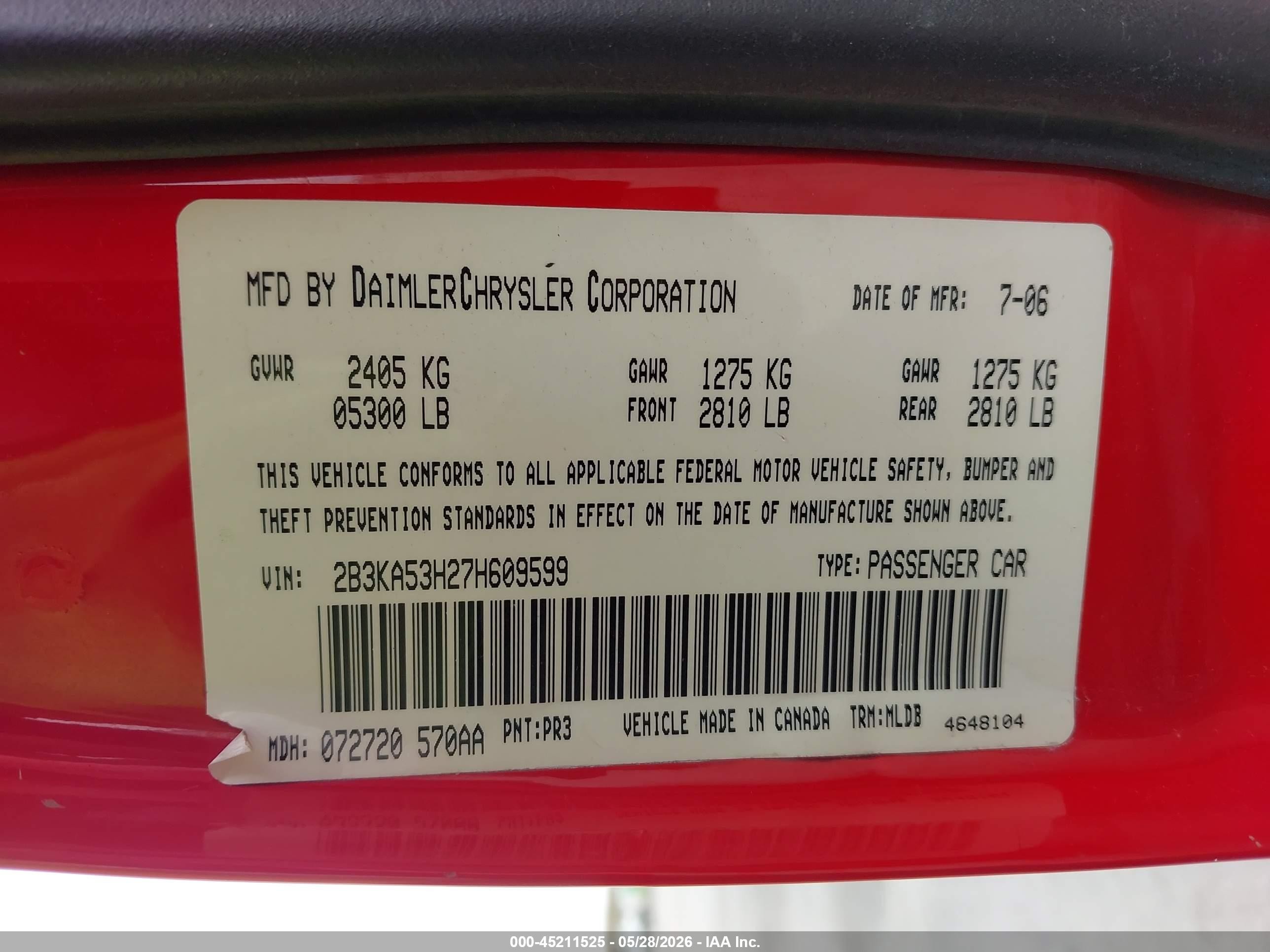 2007 Dodge Charger Rt Red vin: 2B3KA53H27H609599