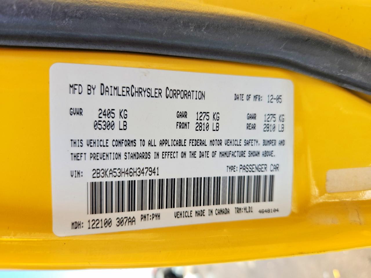 2006 Dodge Charger R Yellow vin: 2B3KA53H46H347941