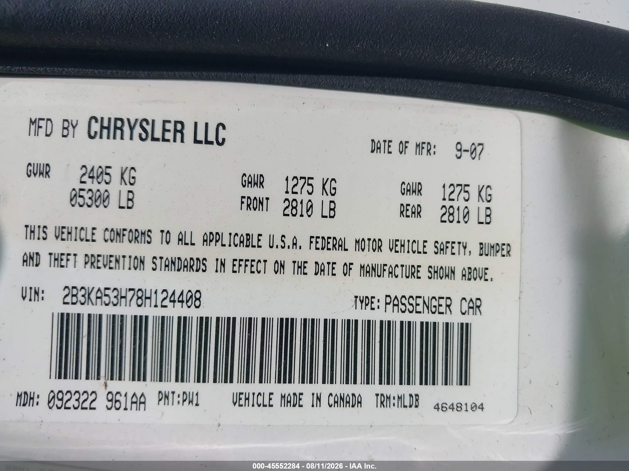 2008 Dodge Charger R/t White vin: 2B3KA53H78H124408