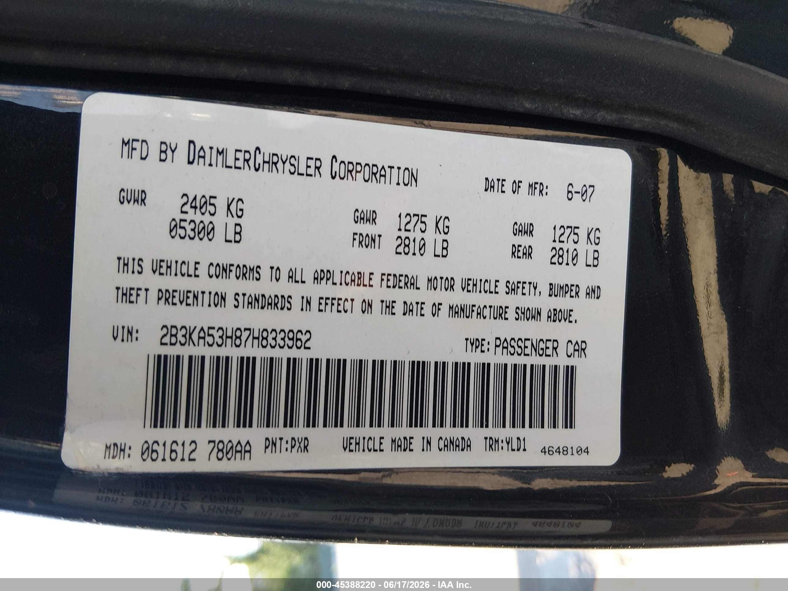 2007 Dodge Charger Rt Black vin: 2B3KA53H87H833962