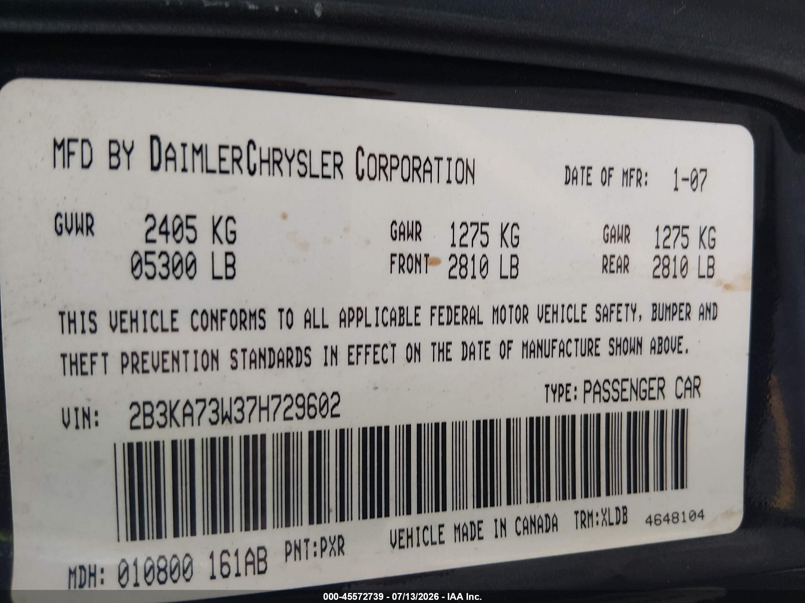 2007 Dodge Charger Srt8 Black vin: 2B3KA73W37H729602