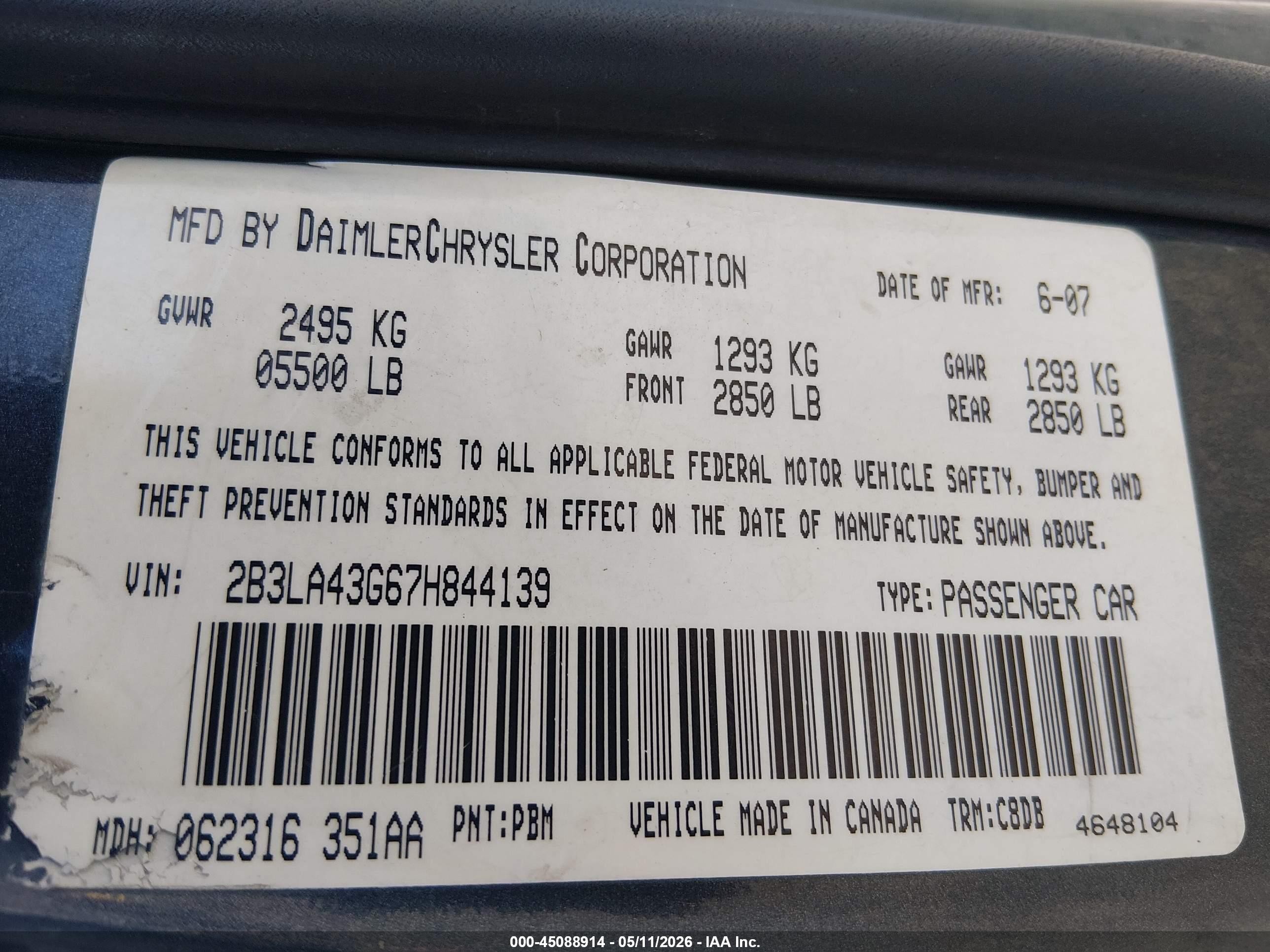 2007 Dodge Charger   Silver vin: 2B3LA43G67H844139