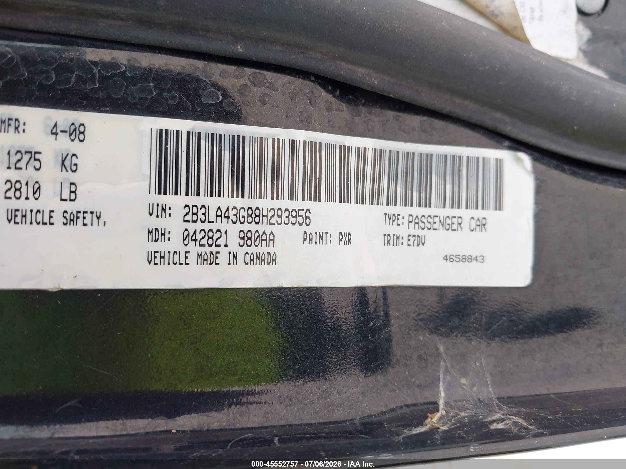 2008 Dodge Charger   Black vin: 2B3LA43G88H293956