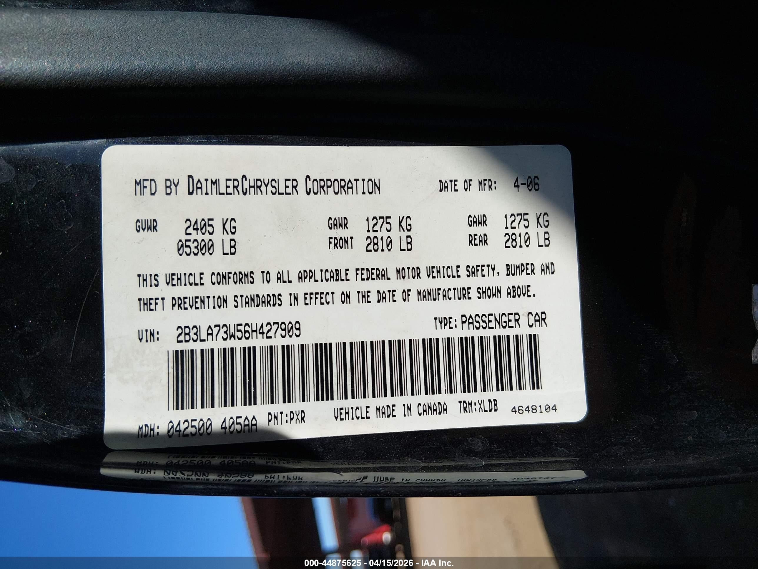 2006 Dodge Charger Srt8 Black vin: 2B3LA73W56H427909