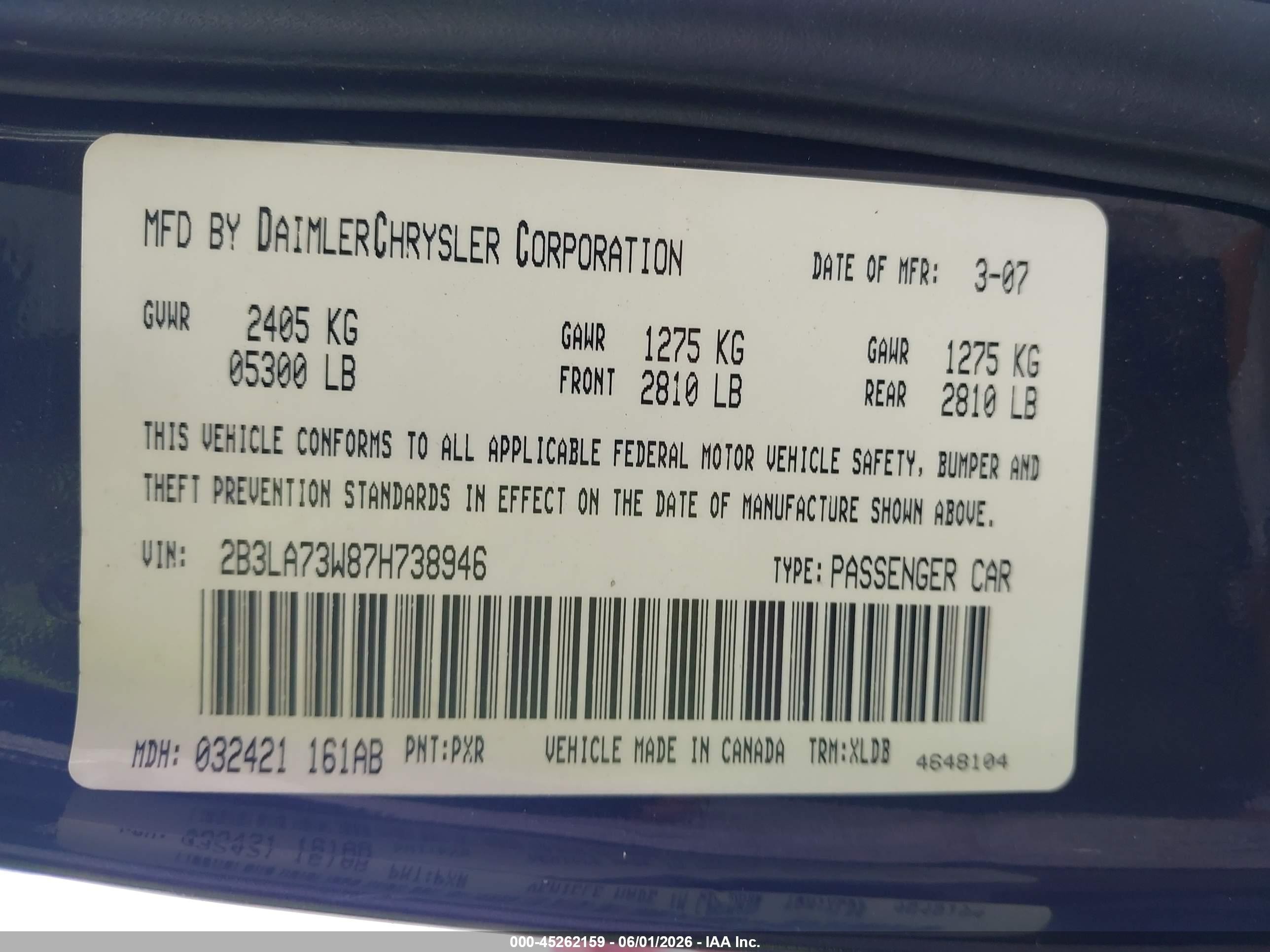 2007 Dodge Charger Srt8 Black vin: 2B3LA73W87H738946