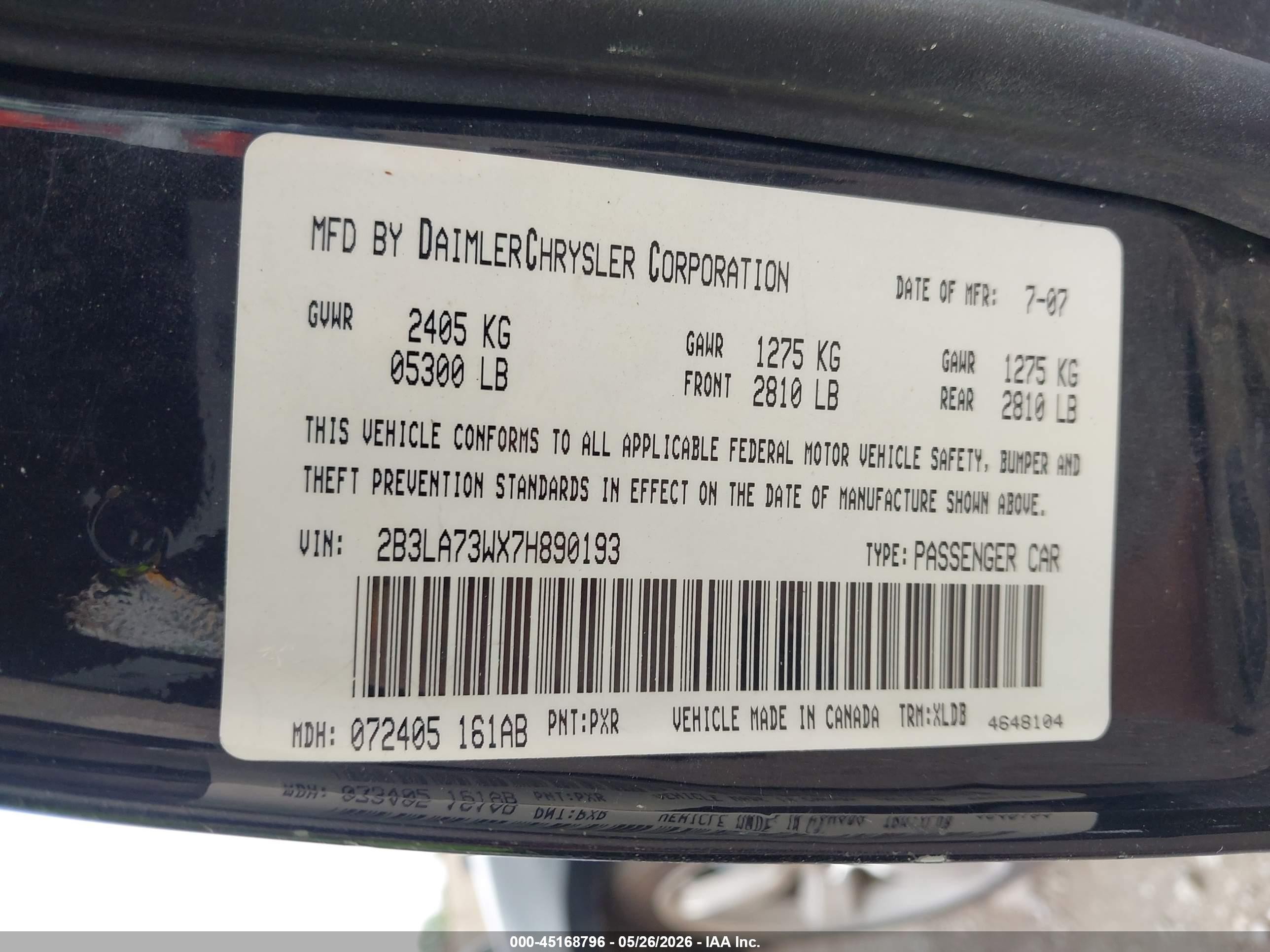 2007 Dodge Charger Srt8 Black vin: 2B3LA73WX7H890193
