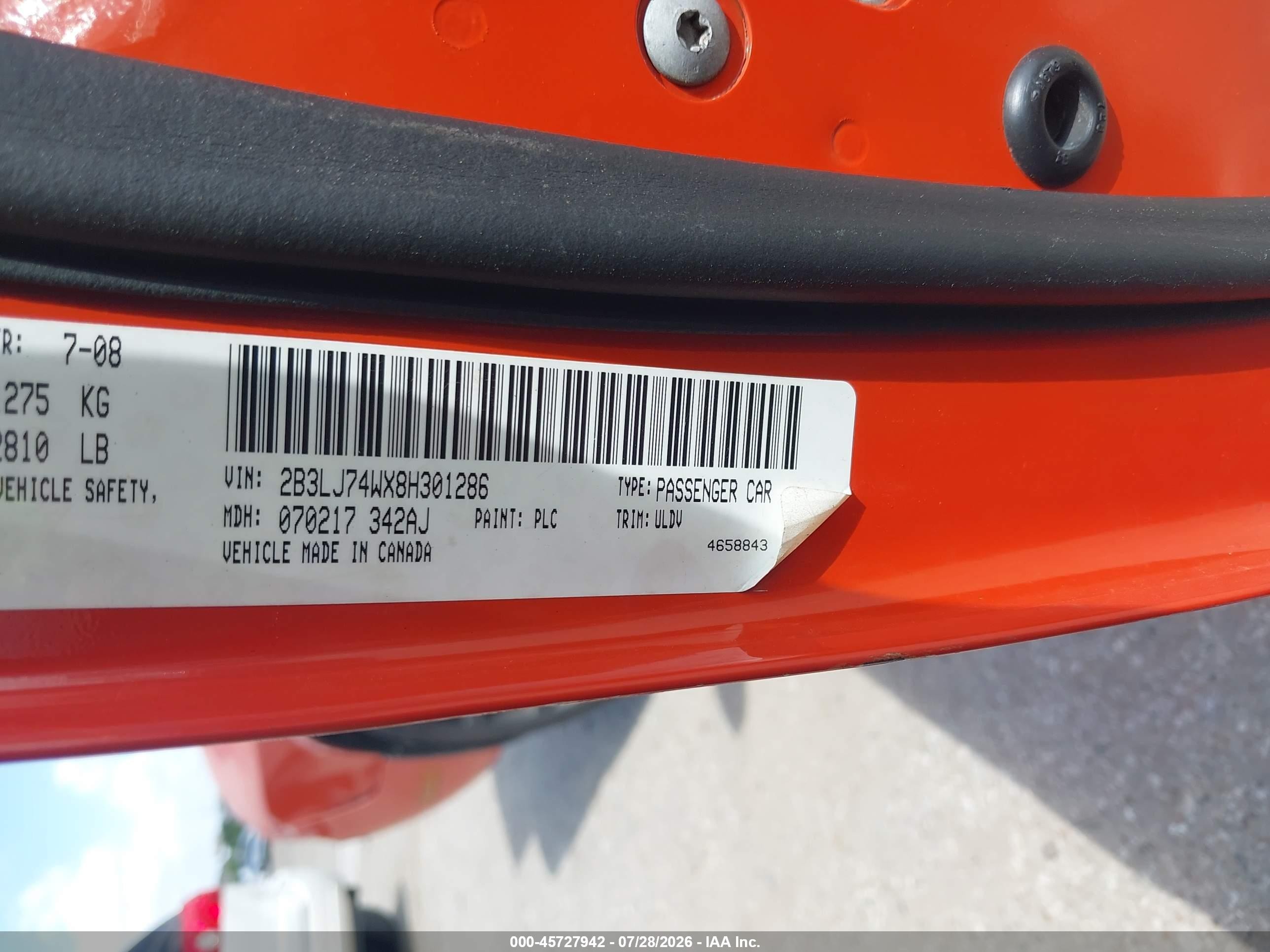 2008 Dodge Challenger Srt8 Оранжевый vin: 2B3LJ74WX8H301286