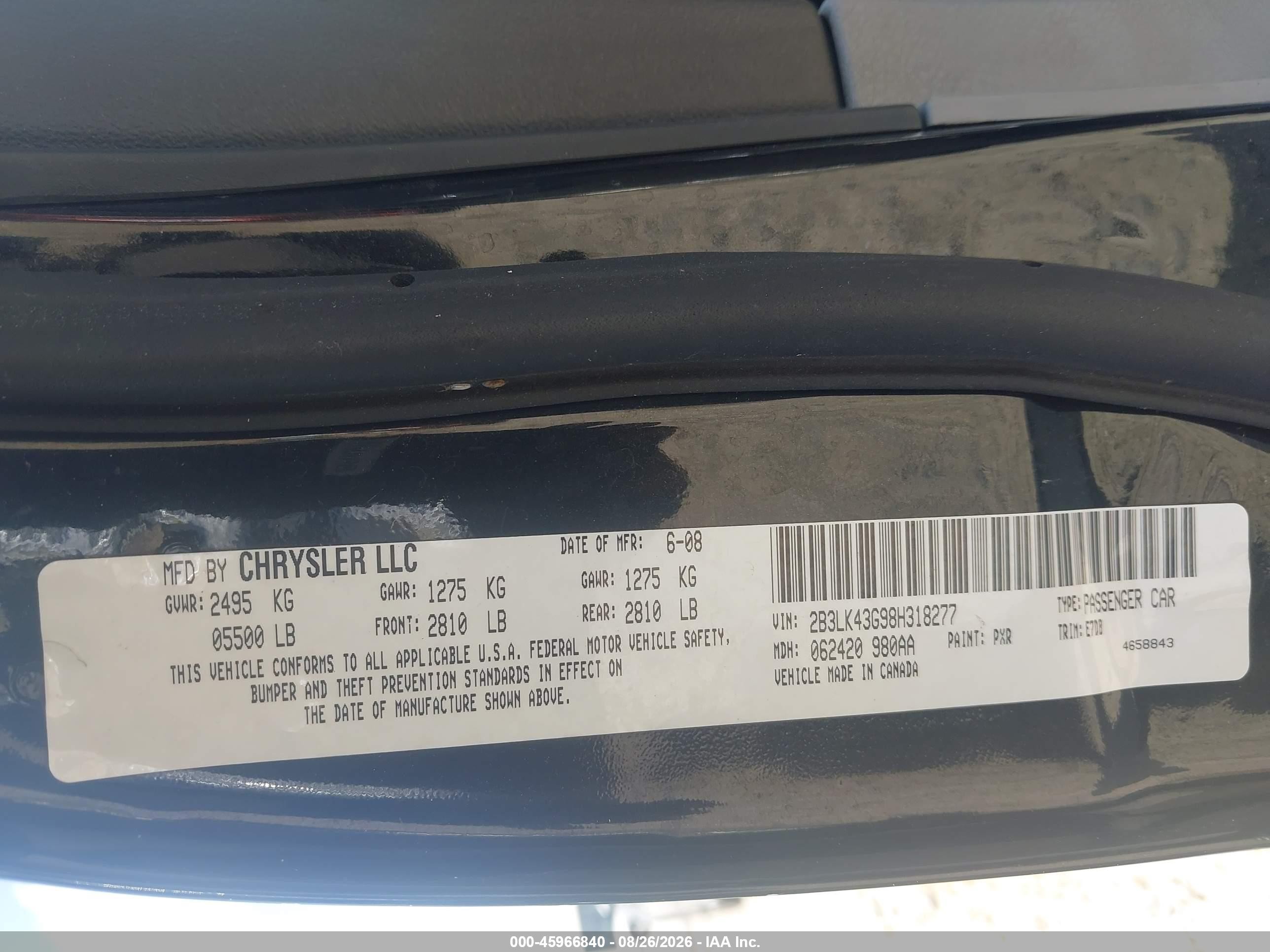 2008 Dodge Charger   Black vin: 2B3LK43G98H318277