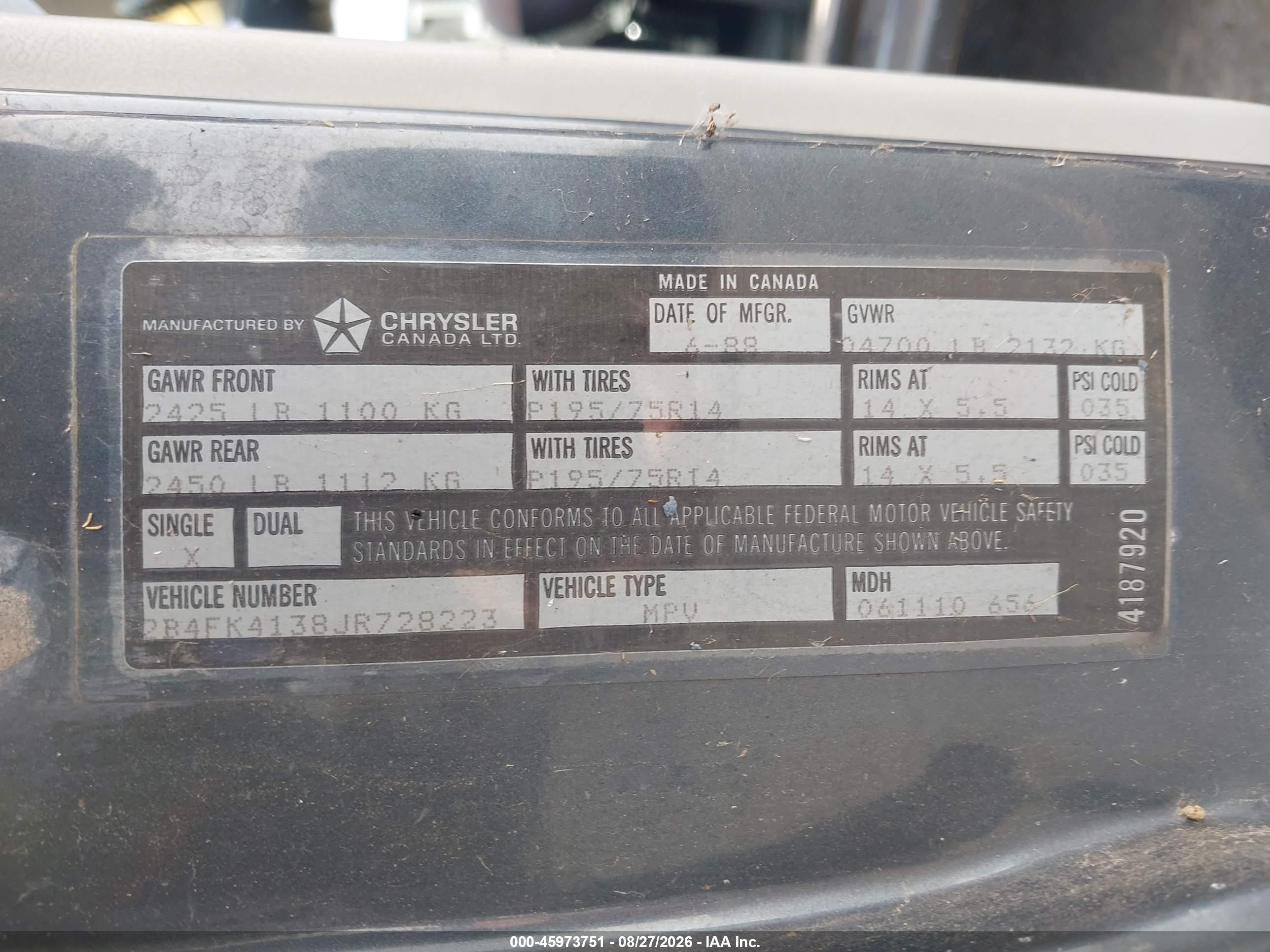 1988 Dodge Caravan Se Gray vin: 2B4FK4138JR728223