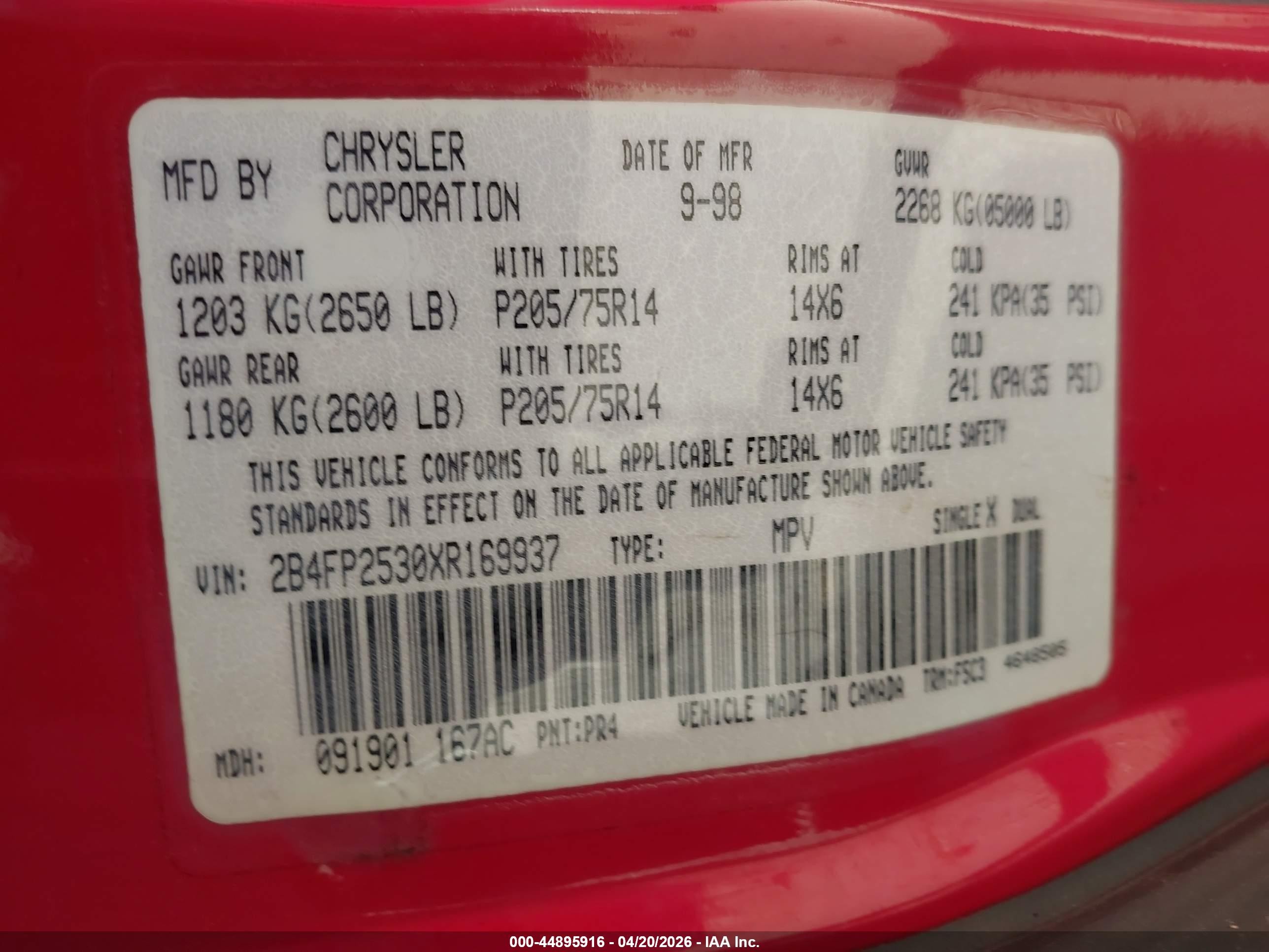 1999 Dodge Caravan   Red vin: 2B4FP2530XR169937