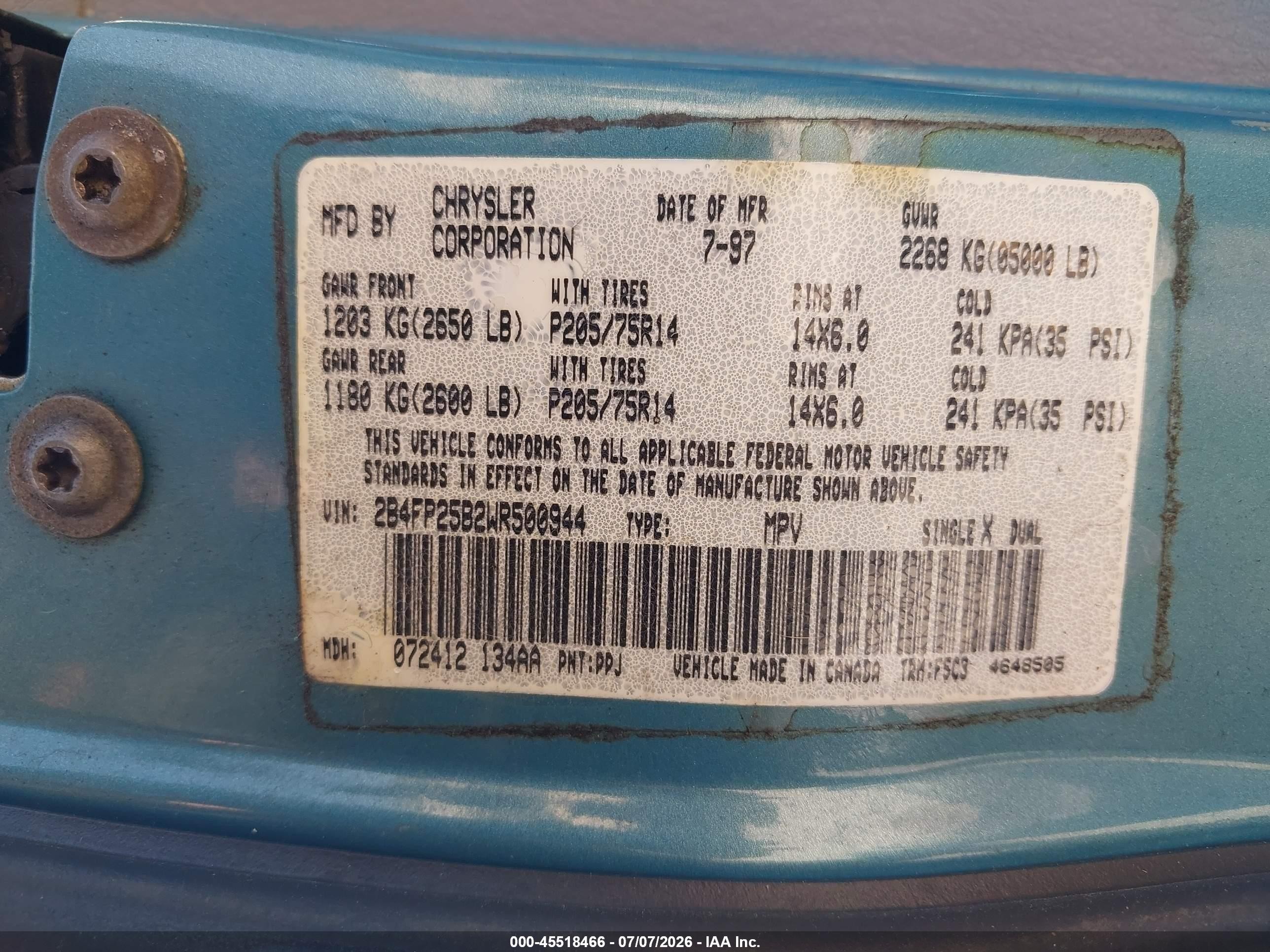 1998 Dodge Caravan   Blue vin: 2B4FP25B2WR500944
