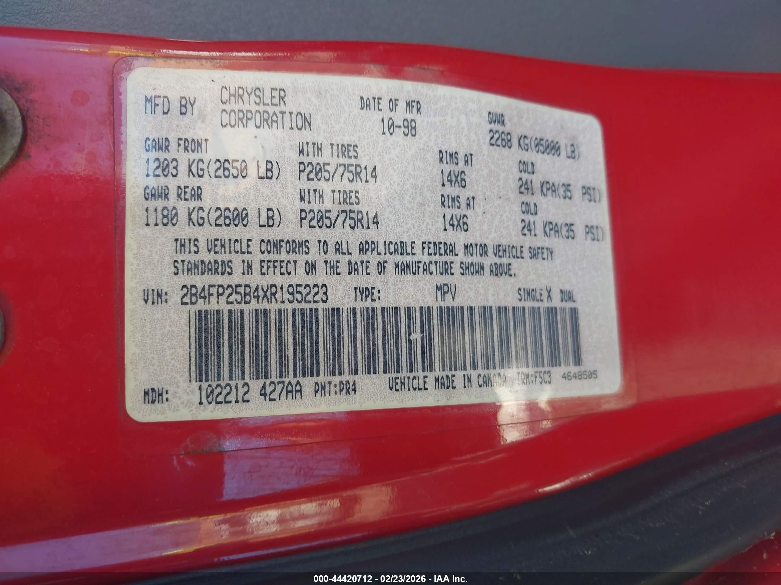 1999 Dodge Caravan   Red vin: 2B4FP25B4XR195223