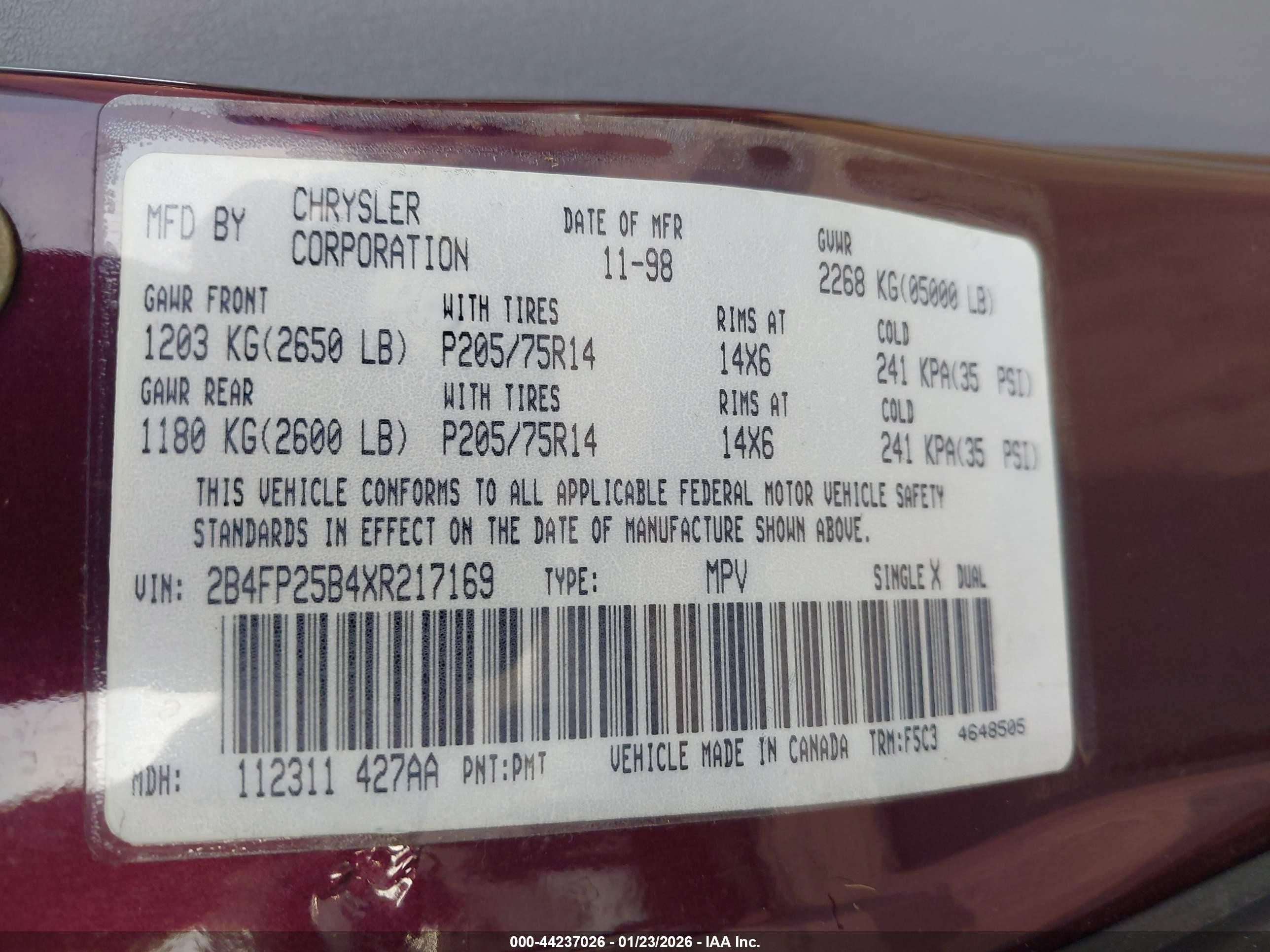 1999 Dodge Caravan   Red vin: 2B4FP25B4XR217169