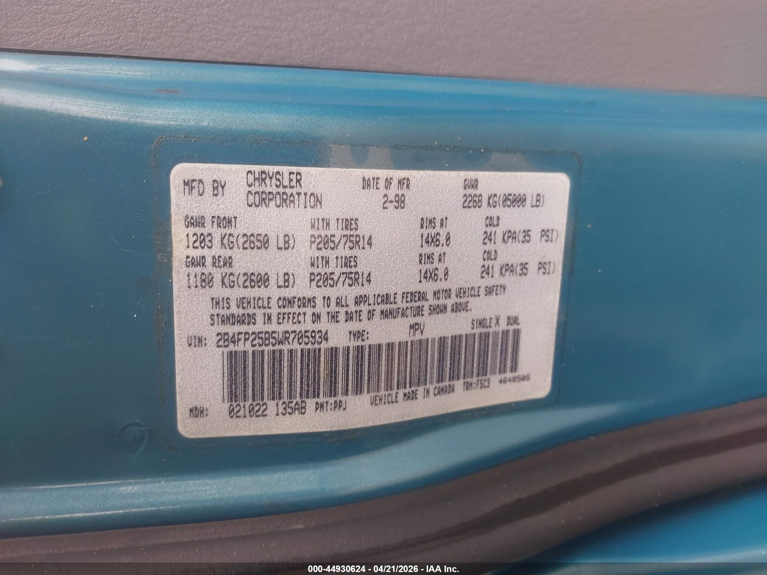 1998 Dodge Caravan   Blue vin: 2B4FP25B5WR705934