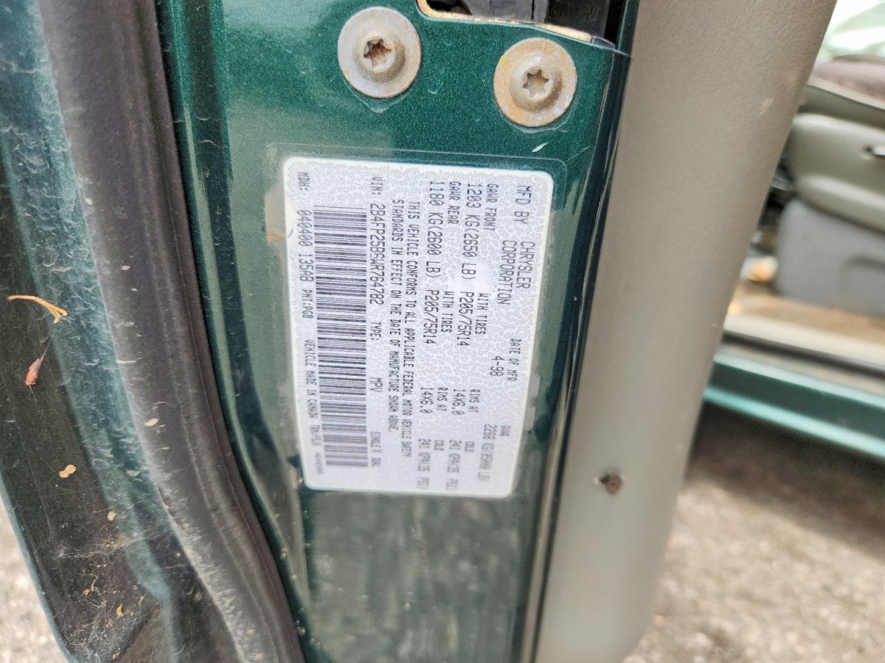 1998 Dodge Caravan Green vin: 2B4FP25B6WR764782