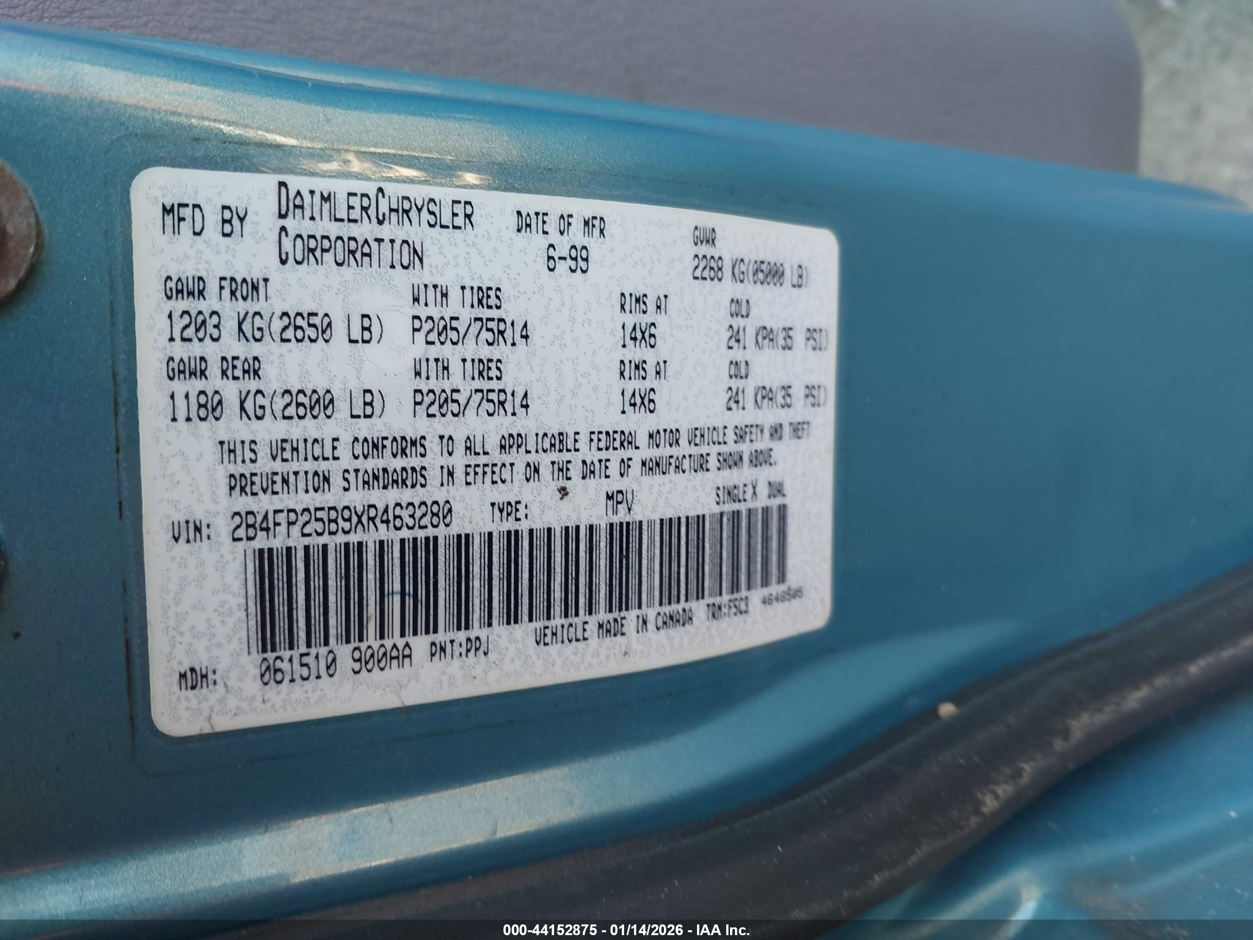 1999 Dodge Caravan   Blue vin: 2B4FP25B9XR463280