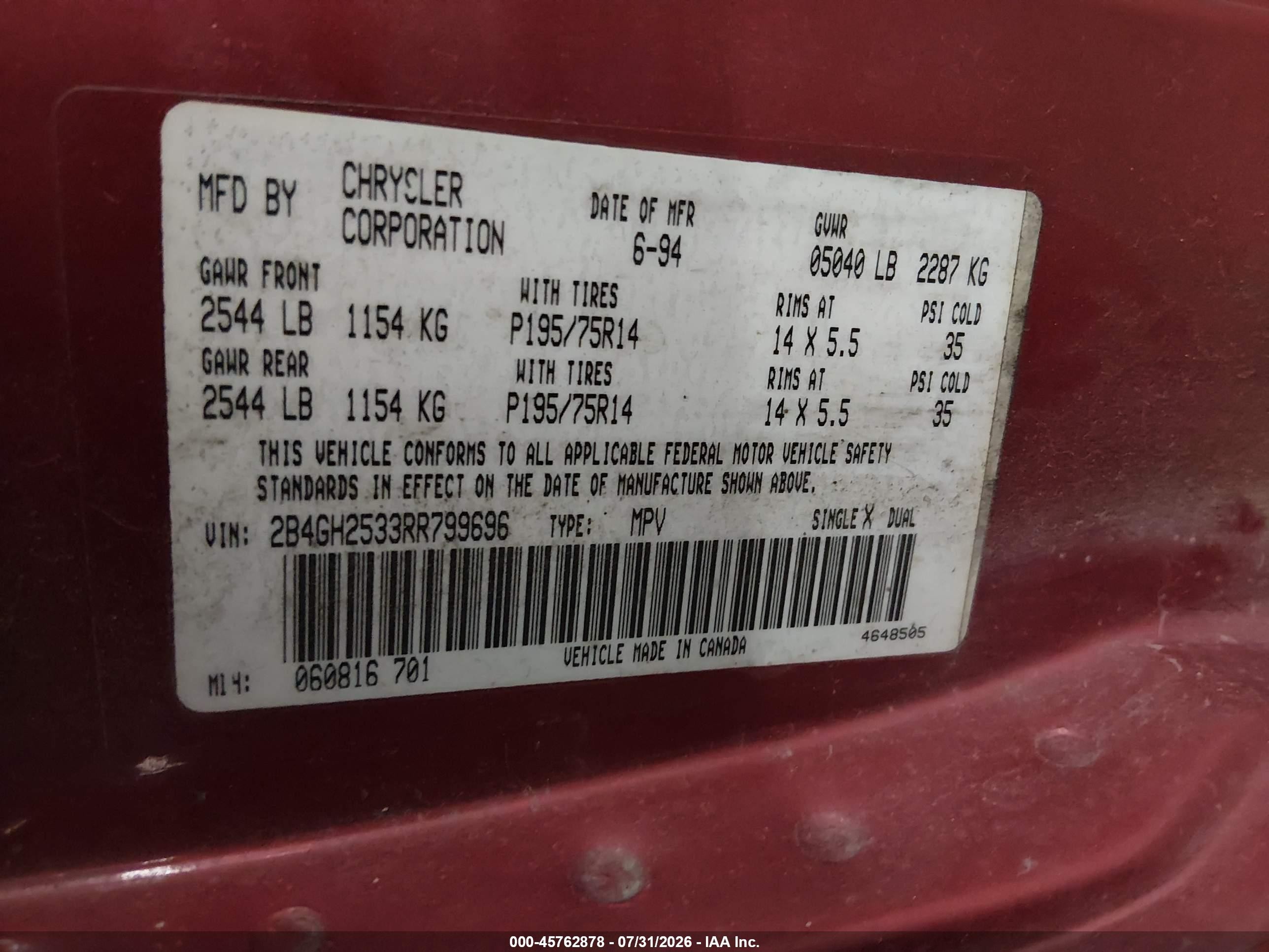 1994 Dodge Caravan   Red vin: 2B4GH2533RR799696