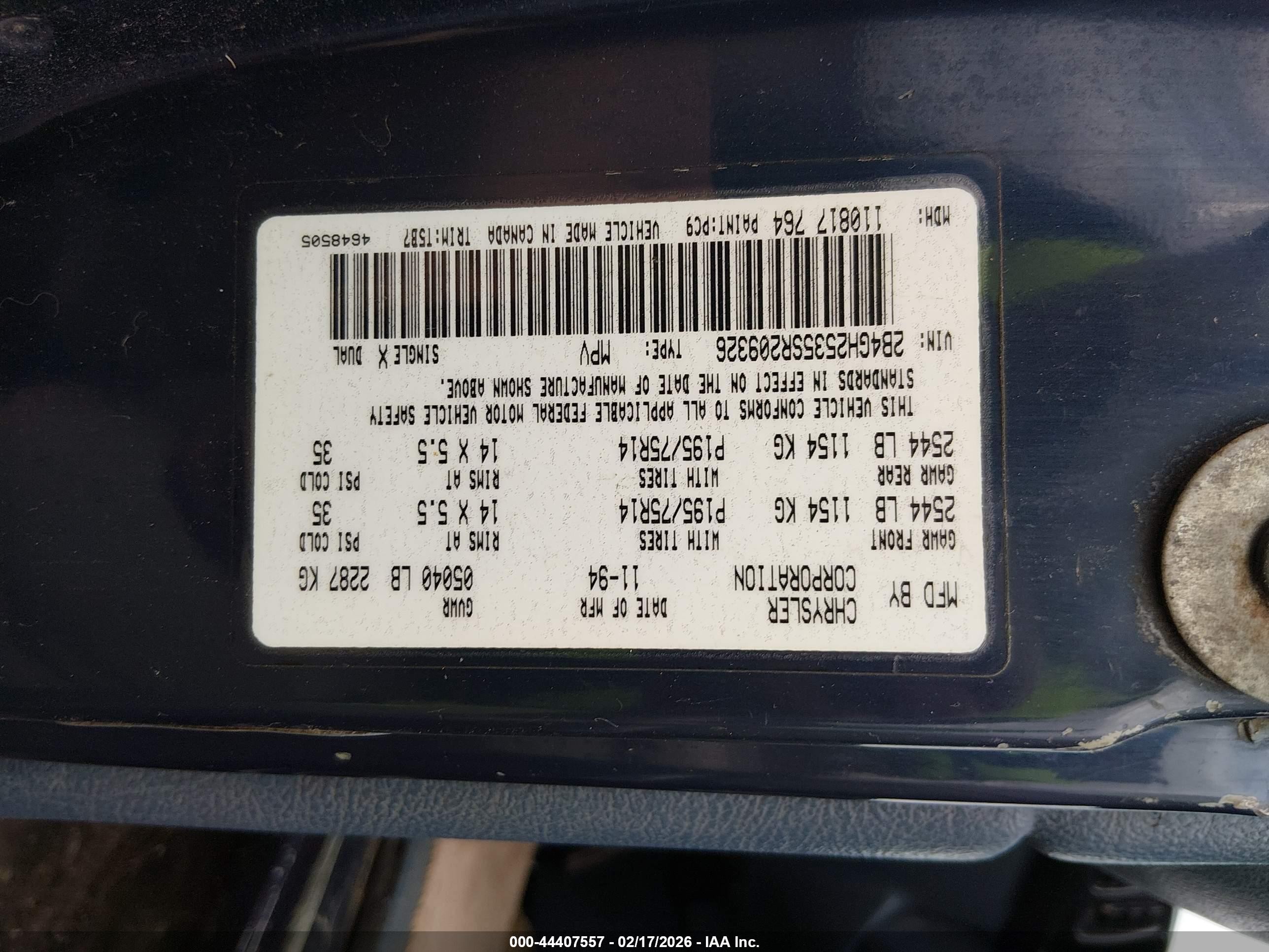 1995 Dodge Caravan   Blue vin: 2B4GH2535SR209326