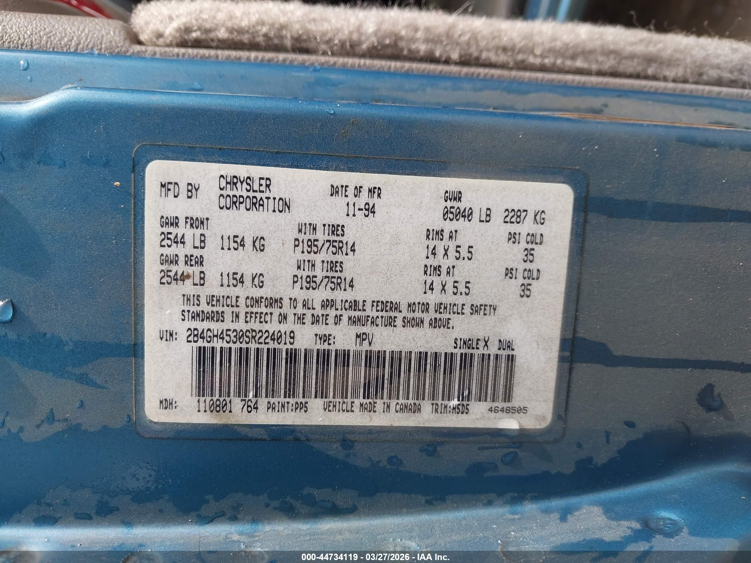 1995 Dodge Caravan Se Blue vin: 2B4GH4530SR224019