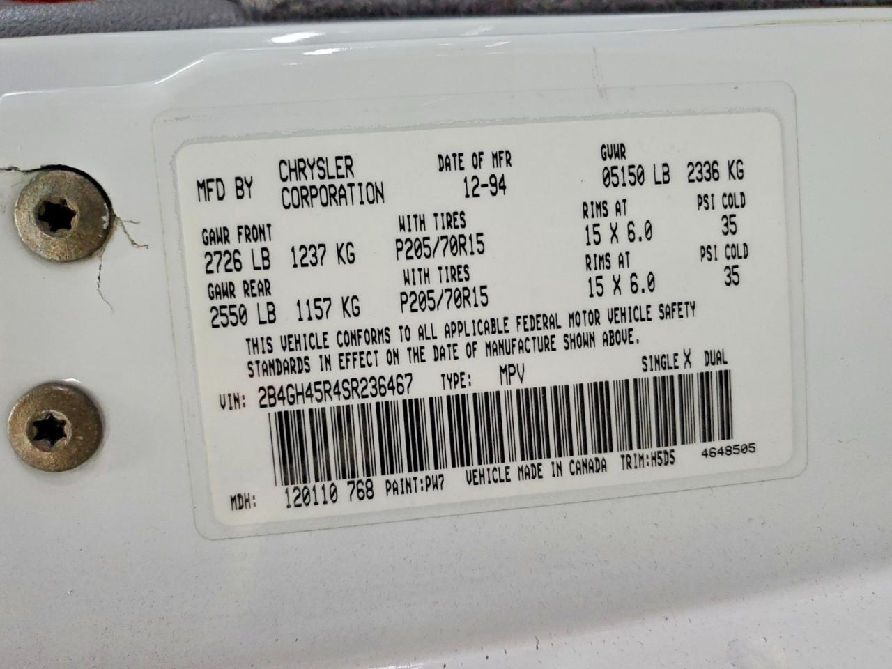 1995 Dodge Caravan Se White vin: 2B4GH45R4SR236467