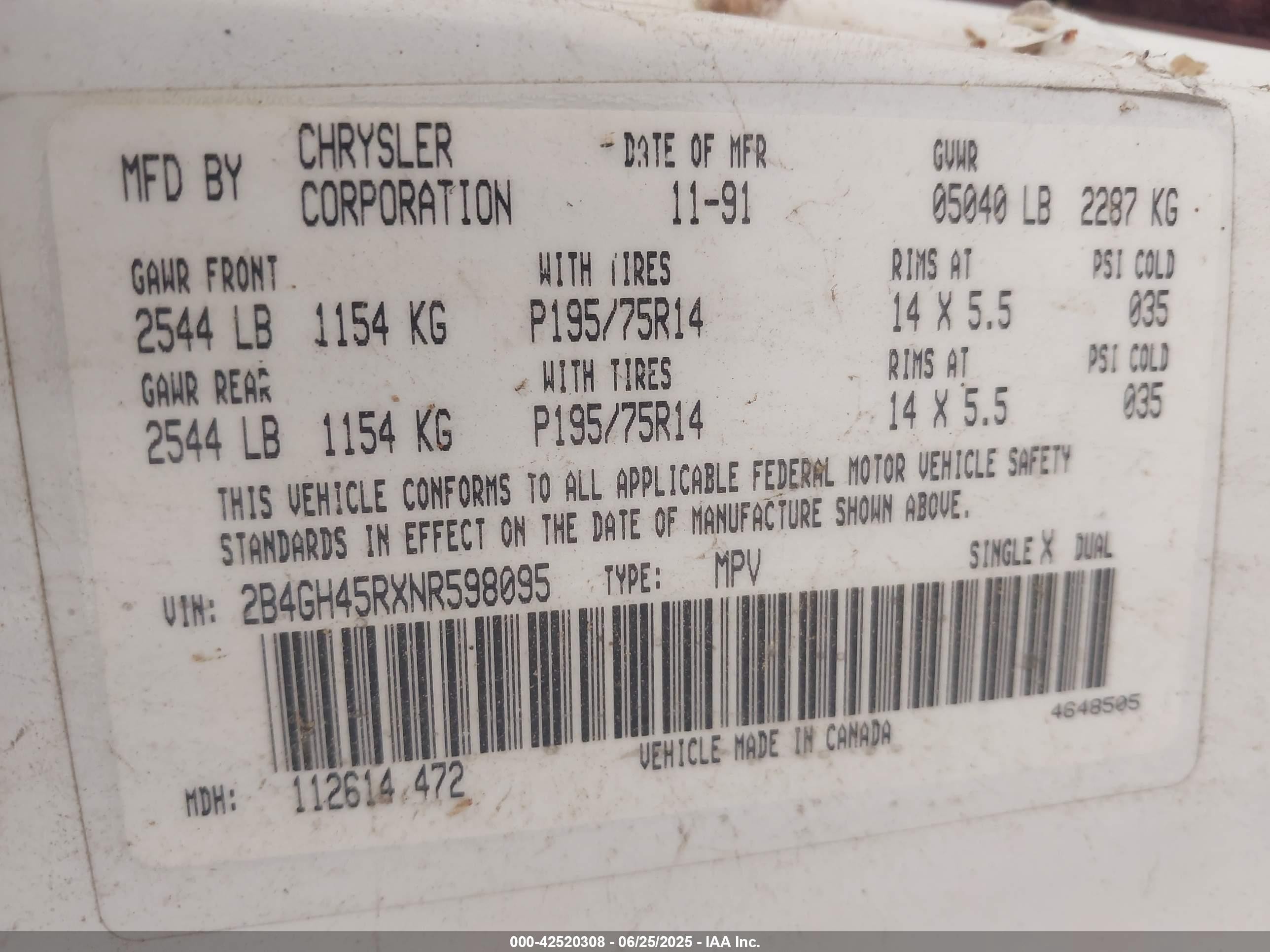 1992 Dodge Caravan Se White vin: 2B4GH45RXNR598095