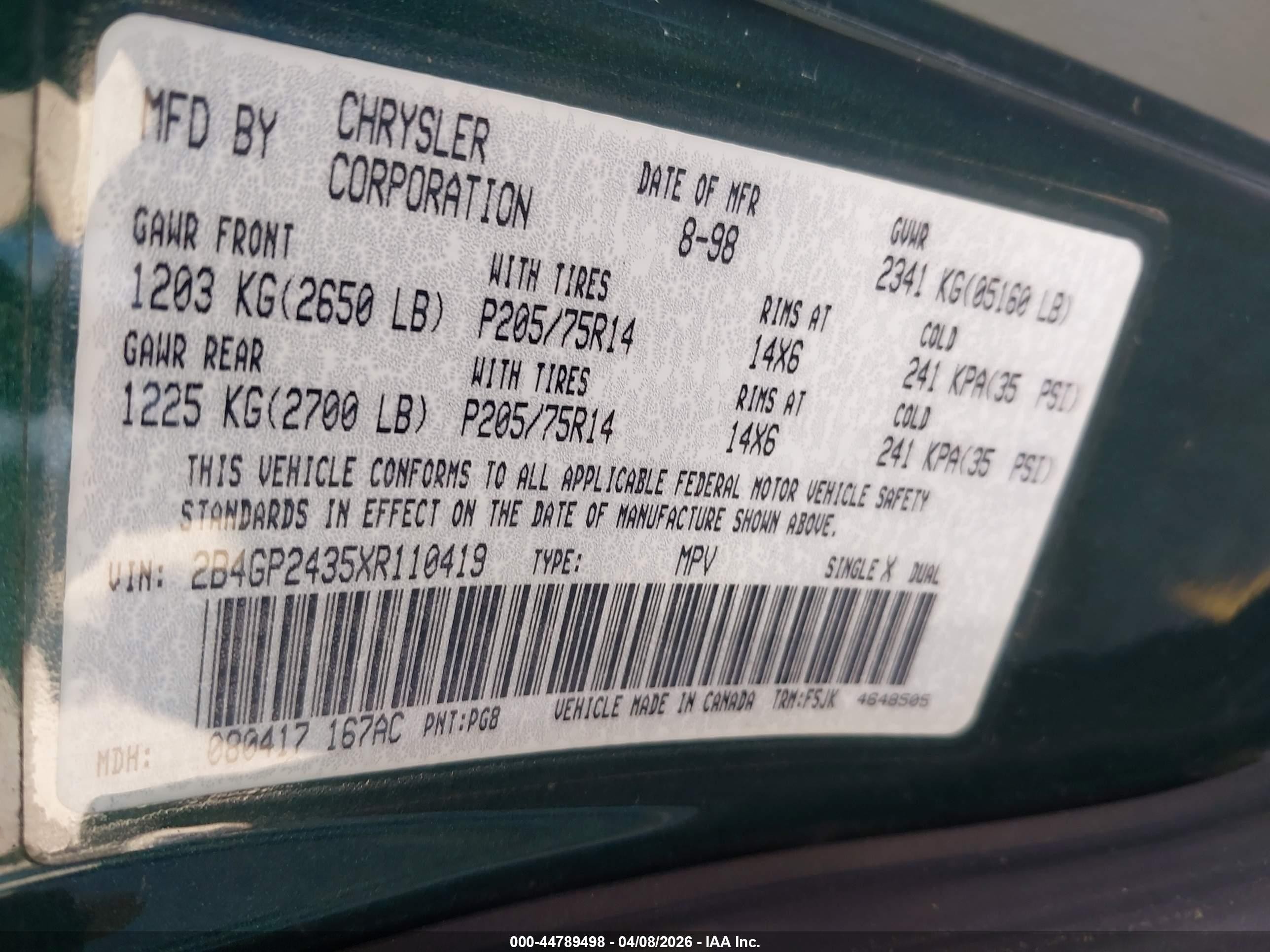 1999 Dodge Grand Caravan   Green vin: 2B4GP2435XR110419