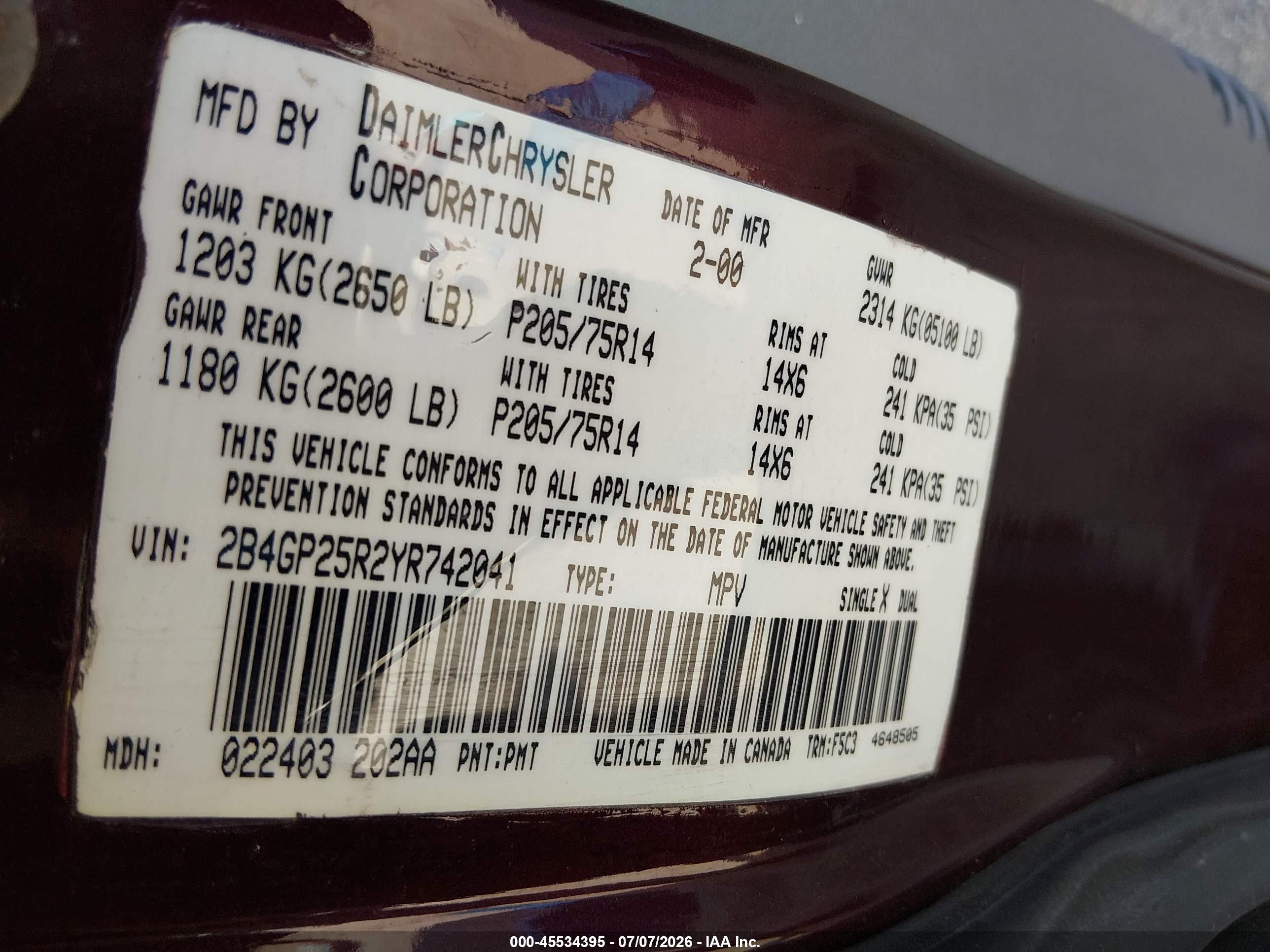2000 Dodge Caravan   Burgundy vin: 2B4GP25R2YR742041
