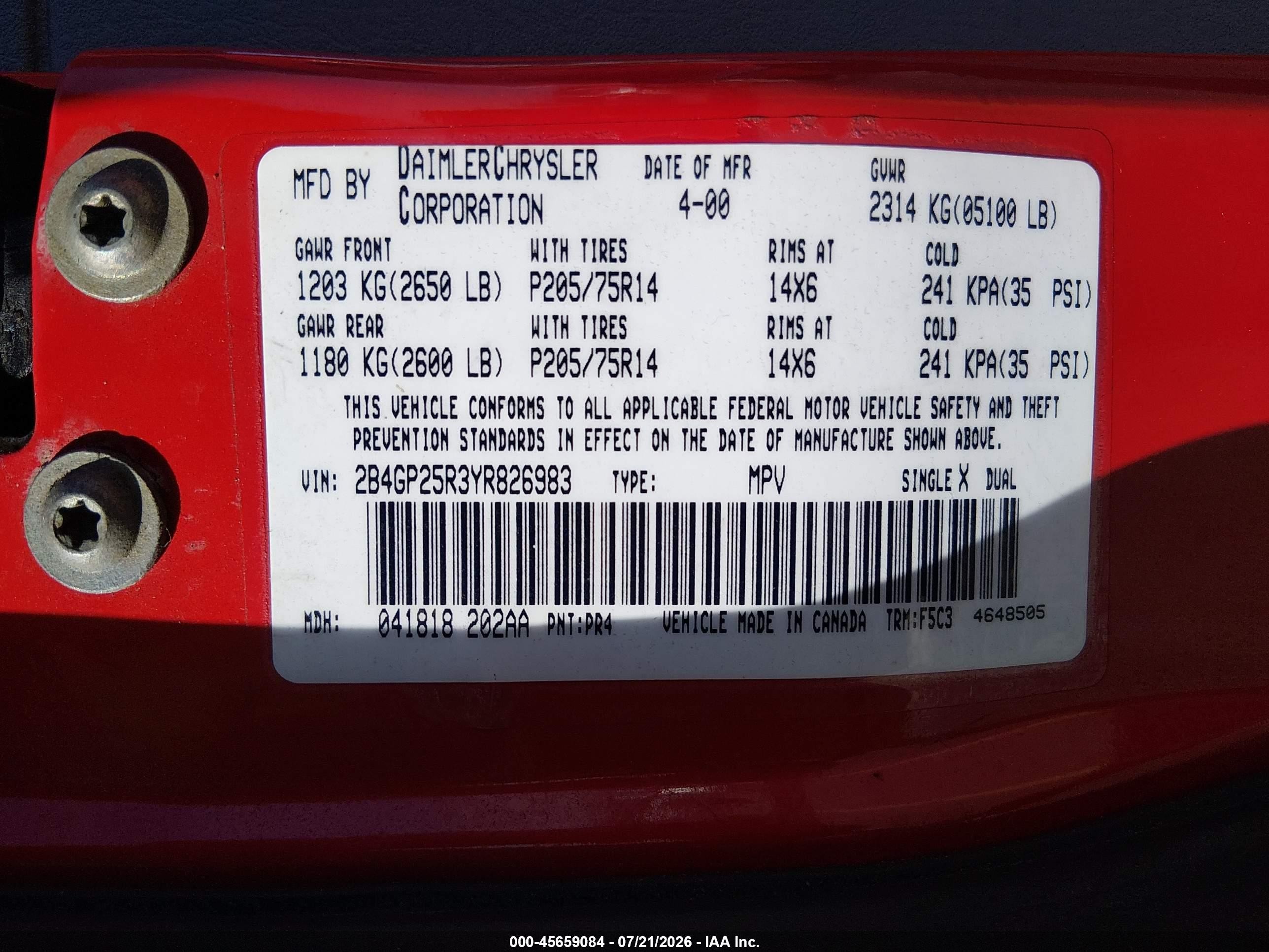 2000 Dodge Caravan   Red vin: 2B4GP25R3YR826983