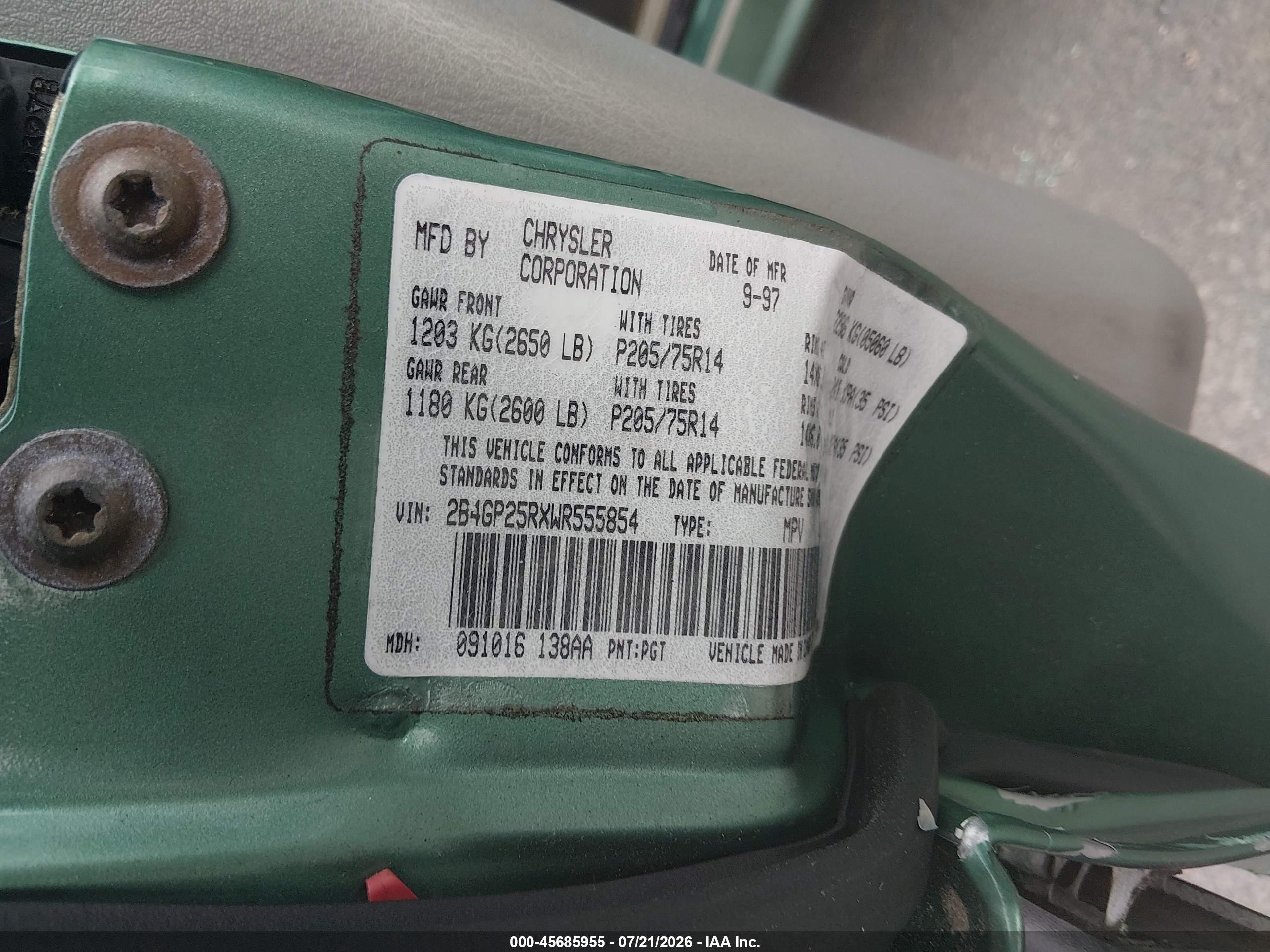 1998 Dodge Caravan   Green vin: 2B4GP25RXWR555854