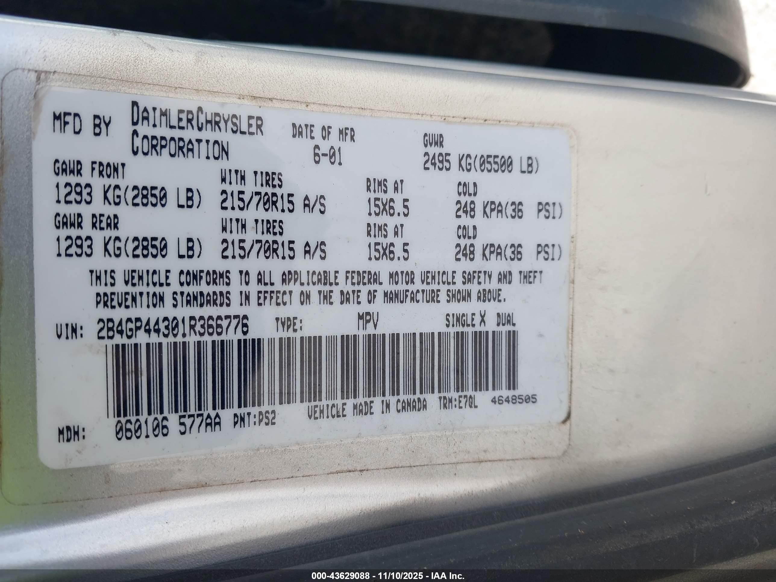2001 Dodge Grand Caravan Sport Серебряный vin: 2B4GP44301R366776