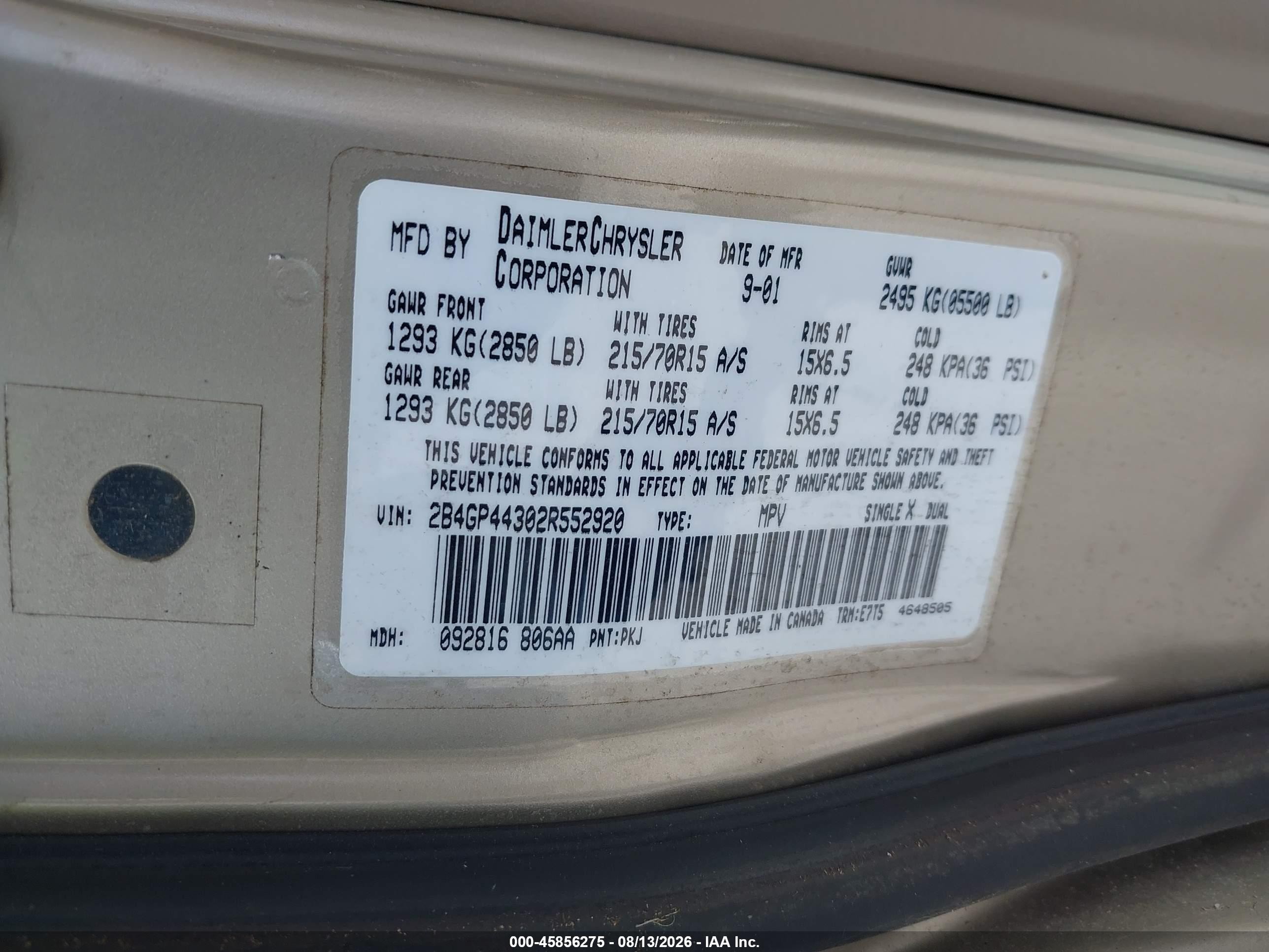 2002 Dodge Grand Caravan Sport Gold vin: 2B4GP44302R552920