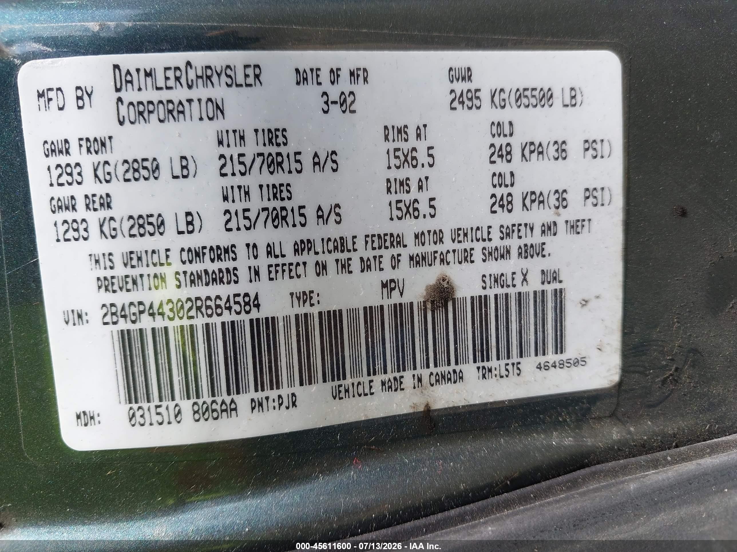 2002 Dodge Grand Caravan Sport Gray vin: 2B4GP44302R664584