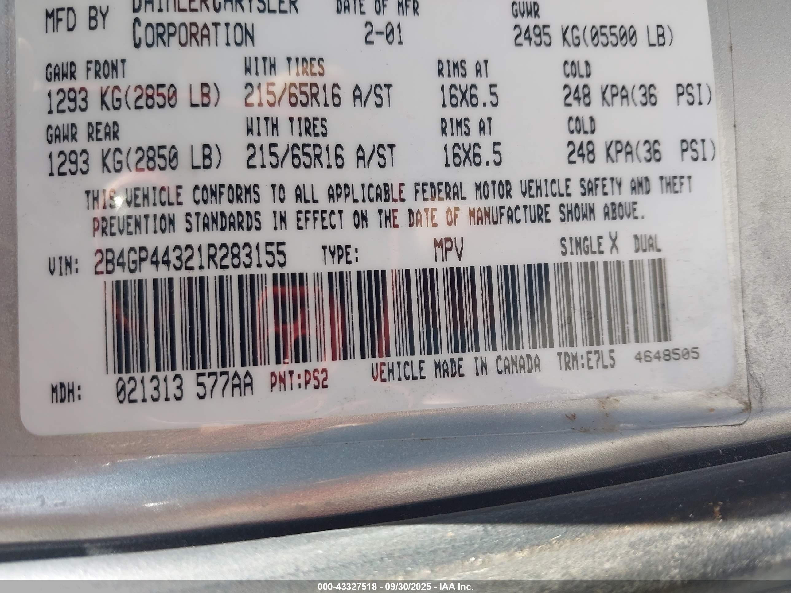2001 Dodge Grand Caravan Sport Silver vin: 2B4GP44321R283155