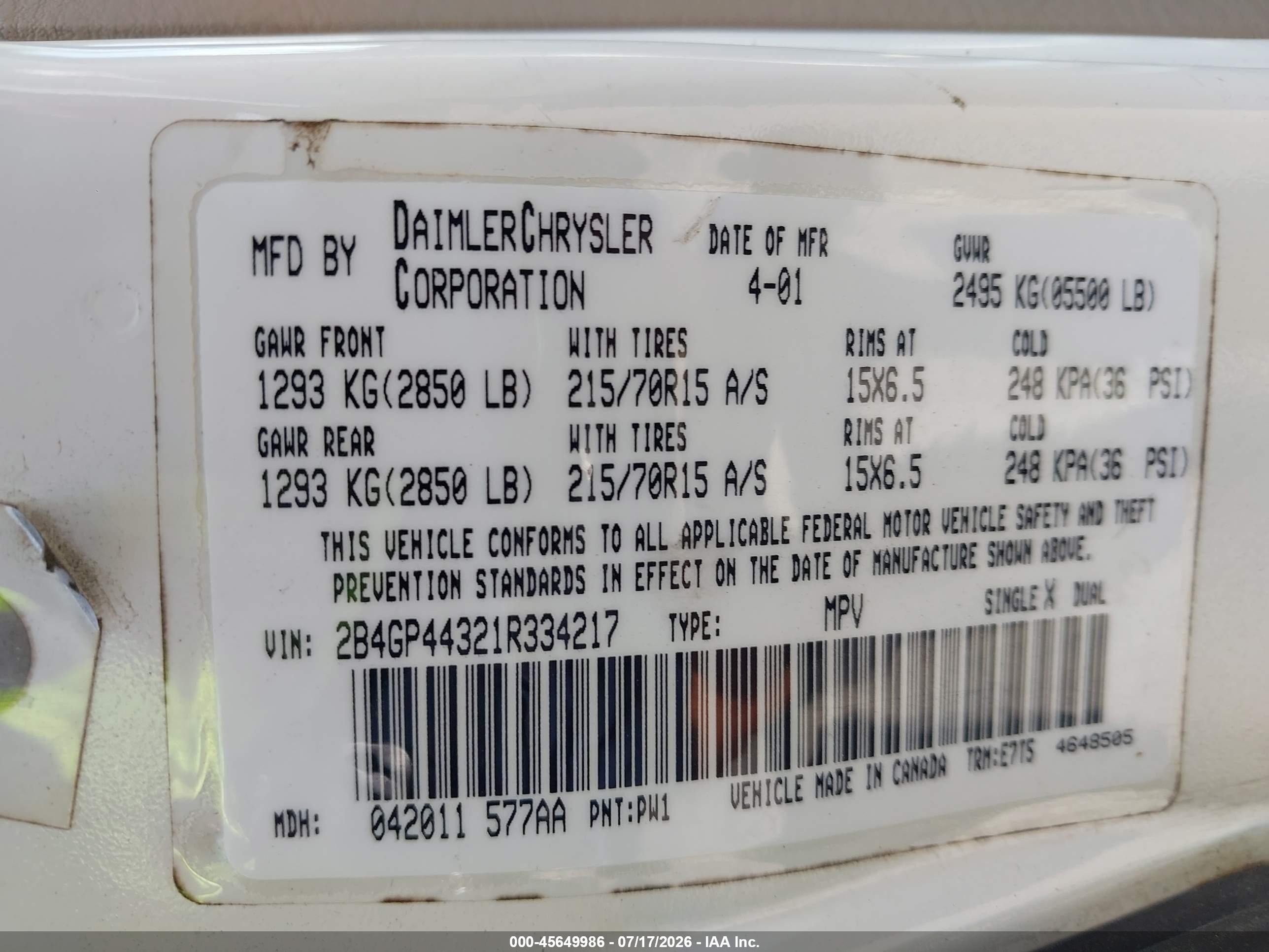 2001 Dodge Grand Caravan Sport White vin: 2B4GP44321R334217