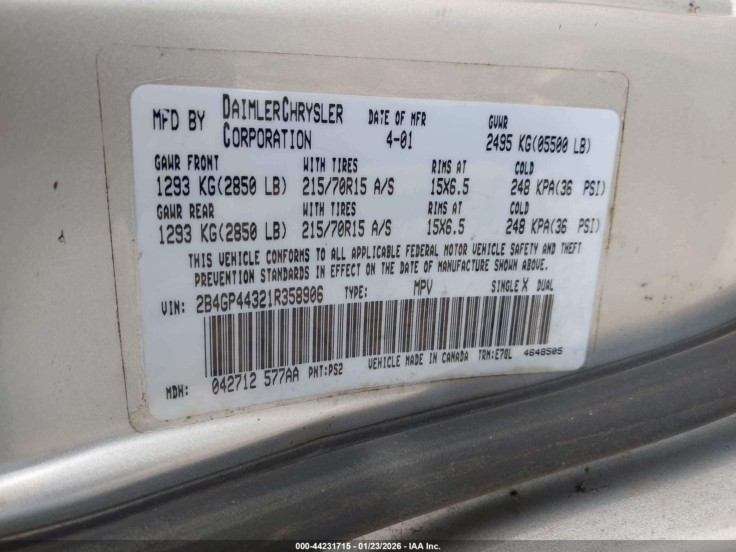 2001 Dodge Grand Caravan Sport Silver vin: 2B4GP44321R358906
