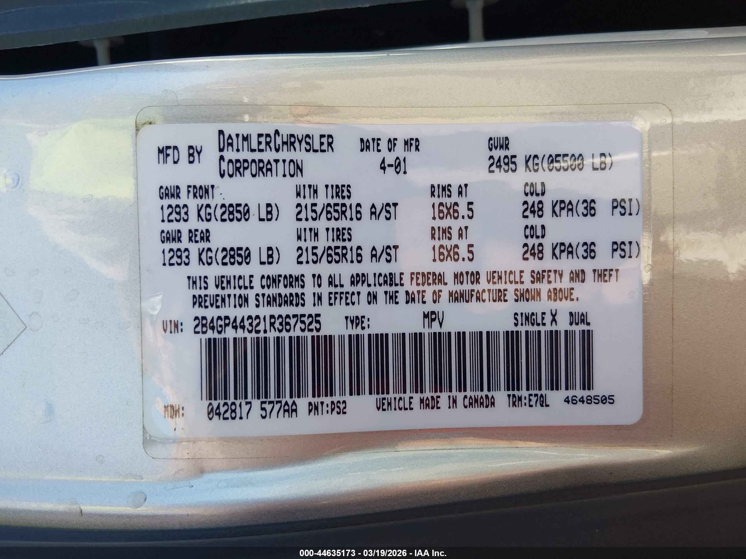 2001 Dodge Grand Caravan Sport Gray vin: 2B4GP44321R367525