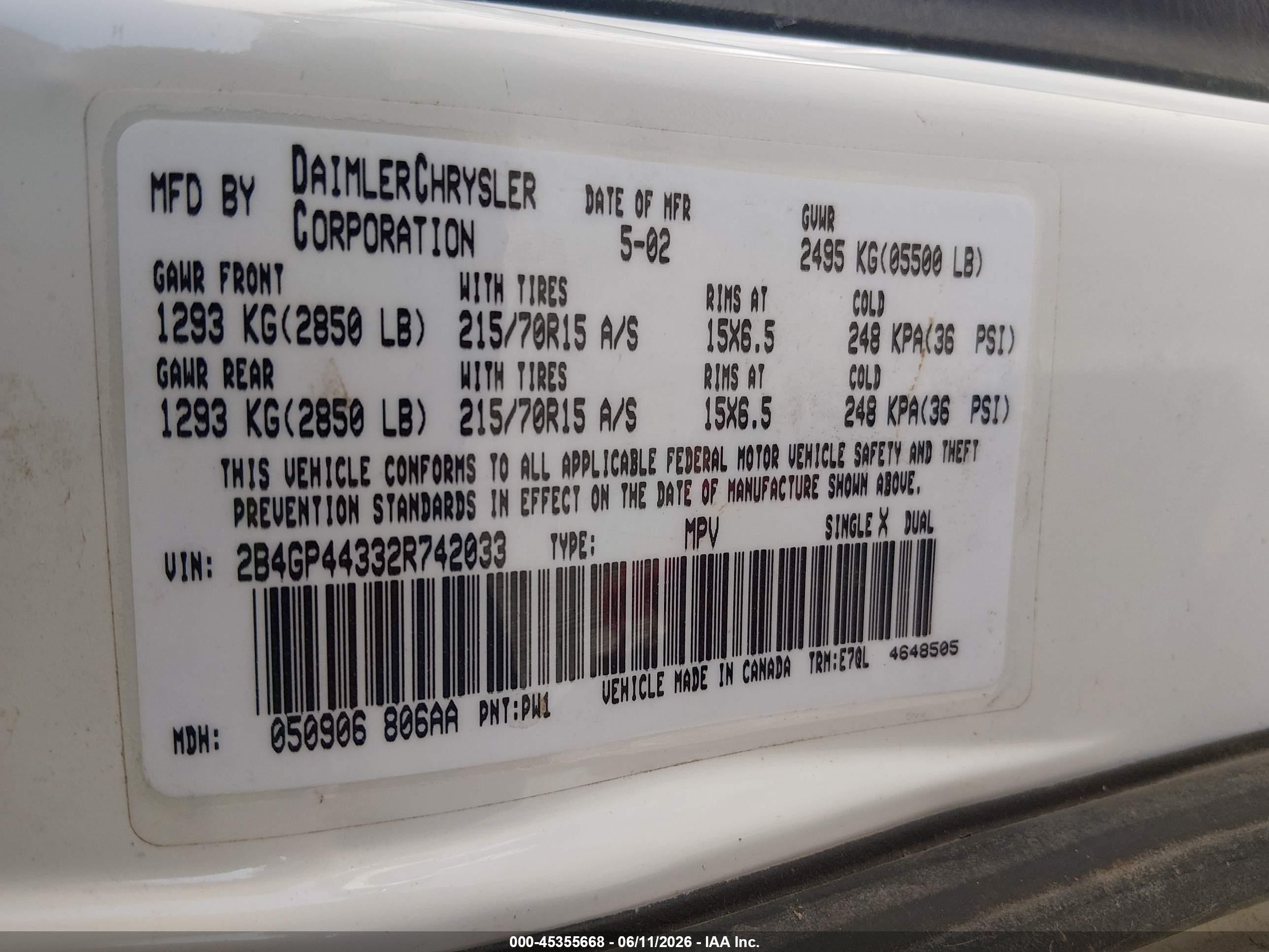 2002 Dodge Grand Caravan Sport White vin: 2B4GP44332R742033