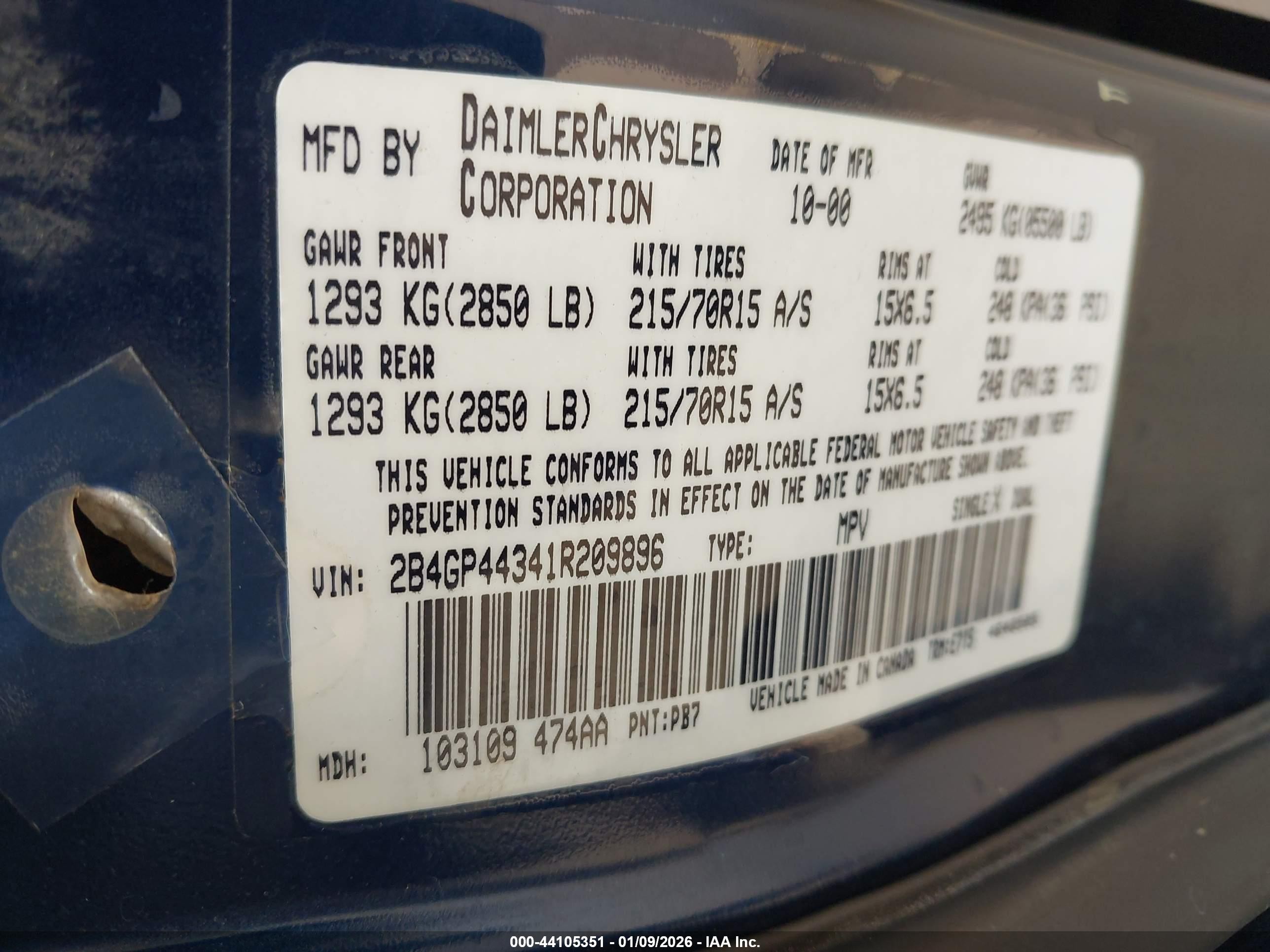2001 Dodge Grand Caravan Sport Blue vin: 2B4GP44341R209896