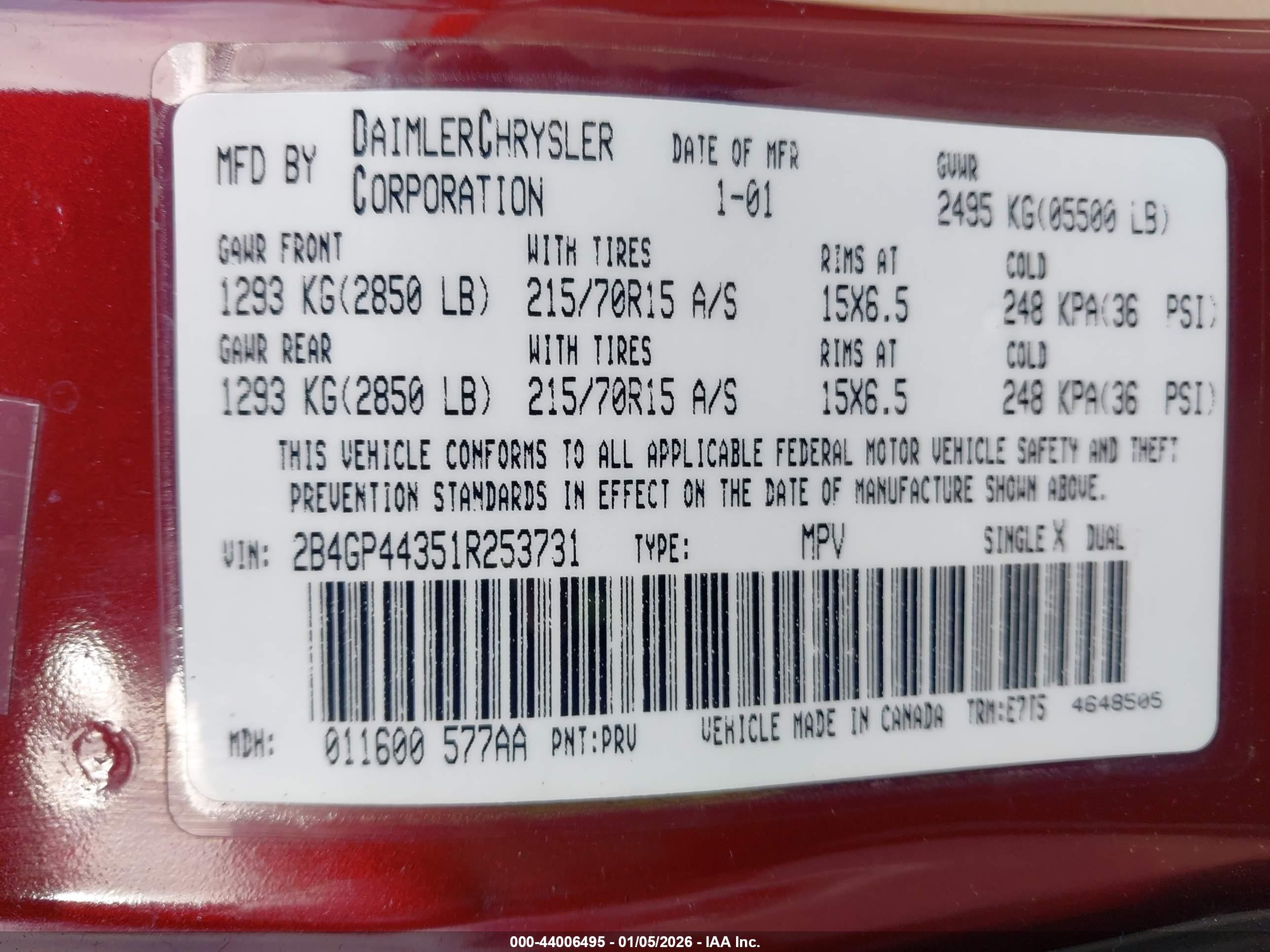 2001 Dodge Grand Caravan Sport Burgundy vin: 2B4GP44351R253731